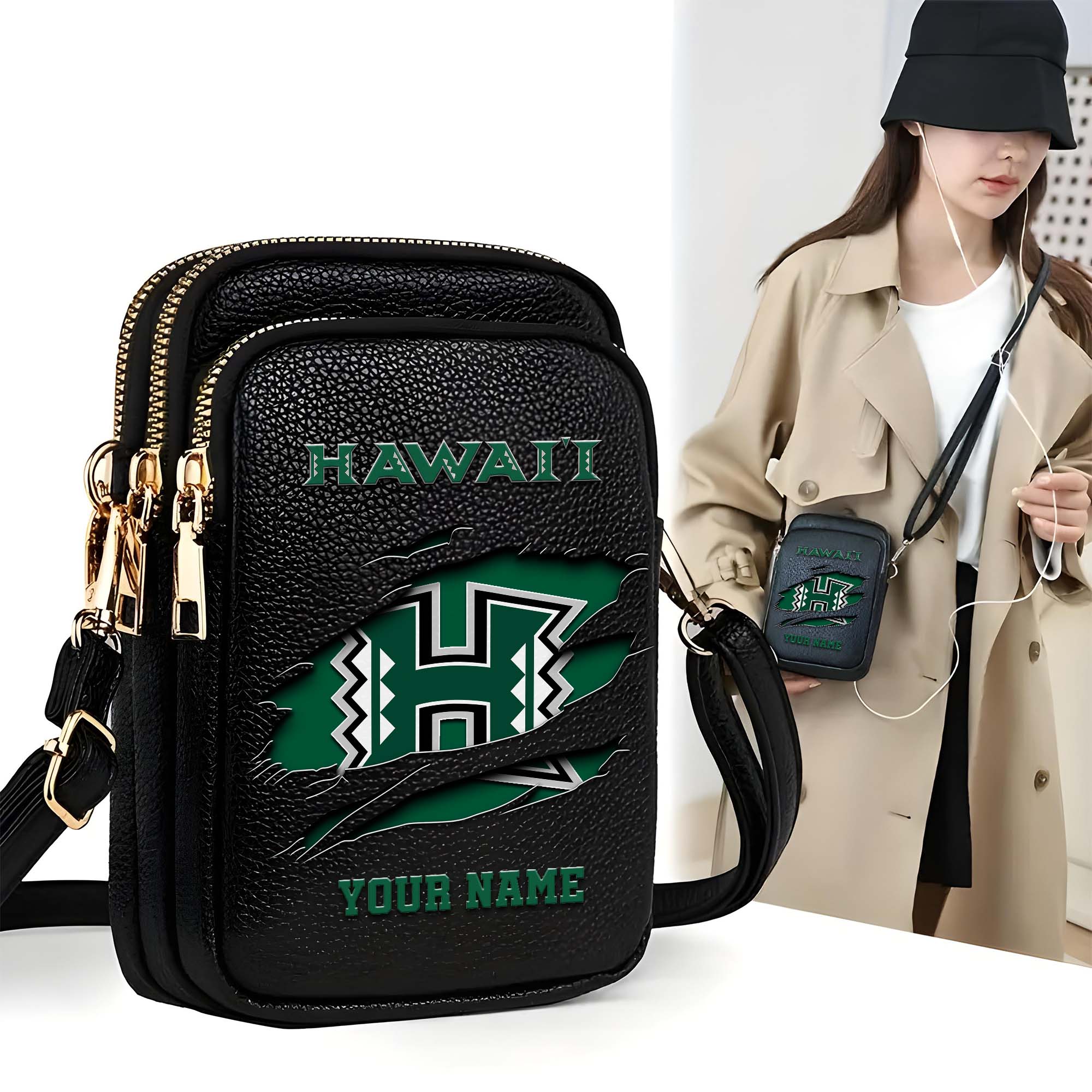 Hawaii Rainbow Warriors Customized Womens Mobile Phone Bag With Your Name, Leather Crossbody Bag, Fan Gifts