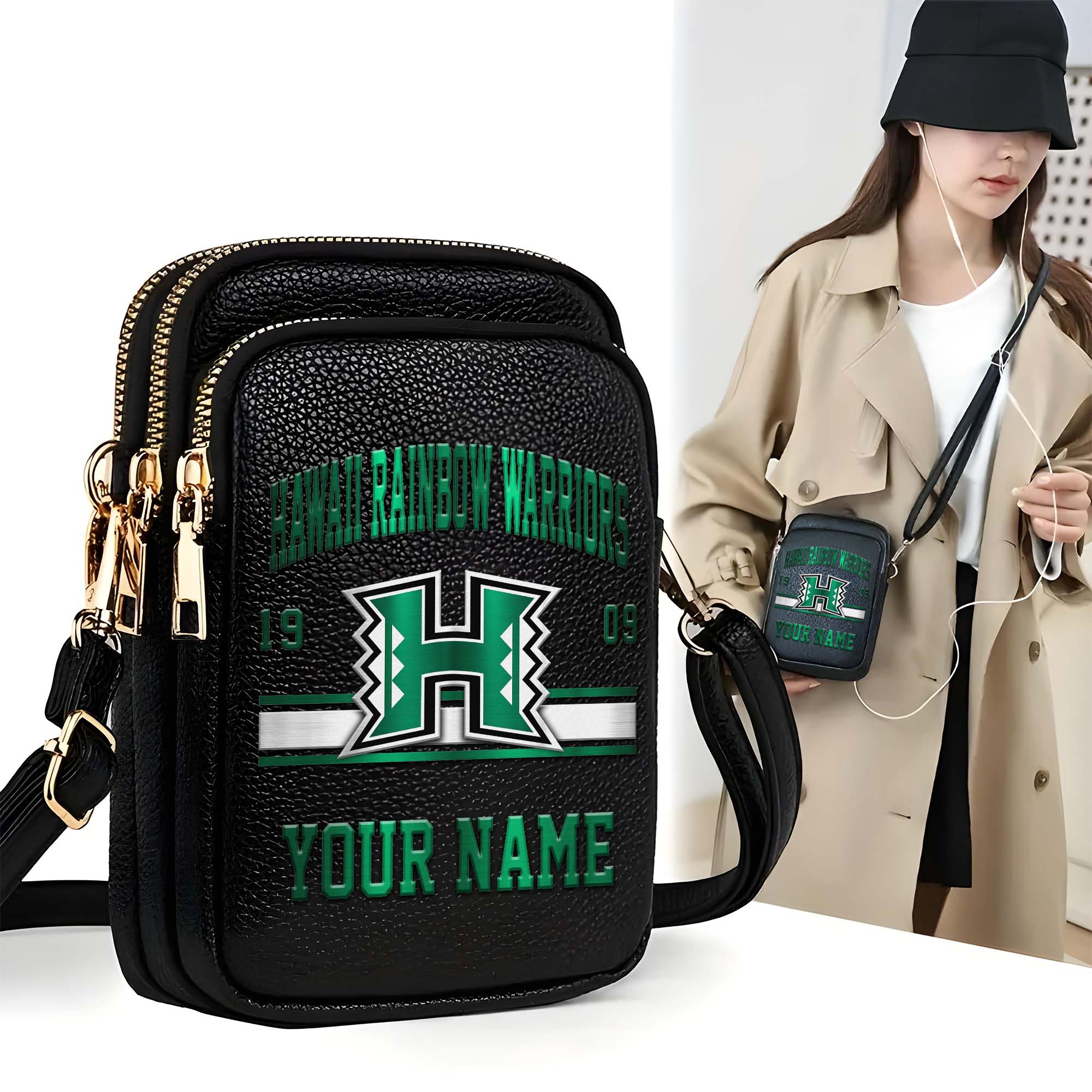 Hawaii Rainbow Warriors Customized Womens Mobile Phone Bag With Your Name, Leather Crossbody Bag, Fan Gifts