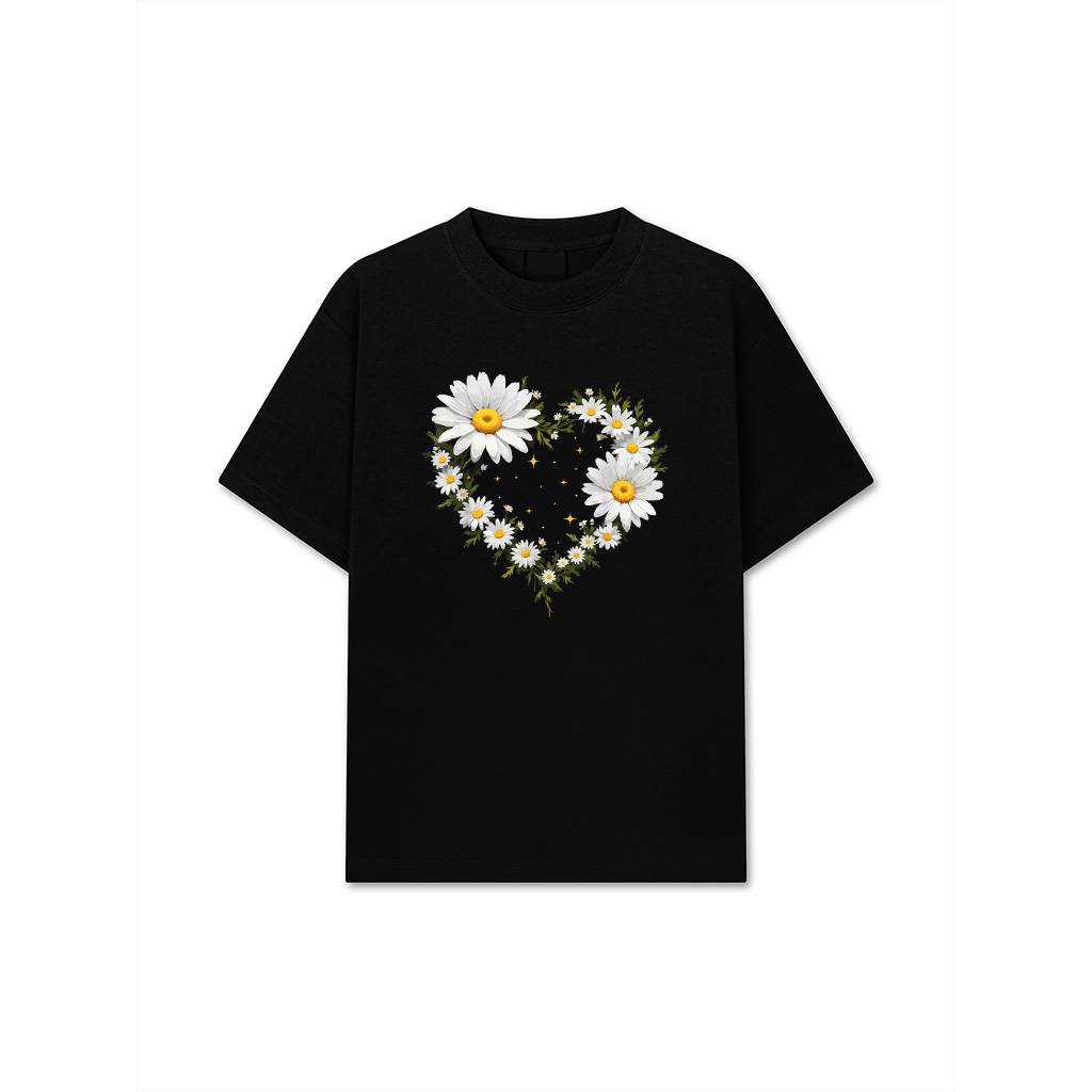 Heart With Daisy Flowers, Daisies With Heart Outline T-Shirt
