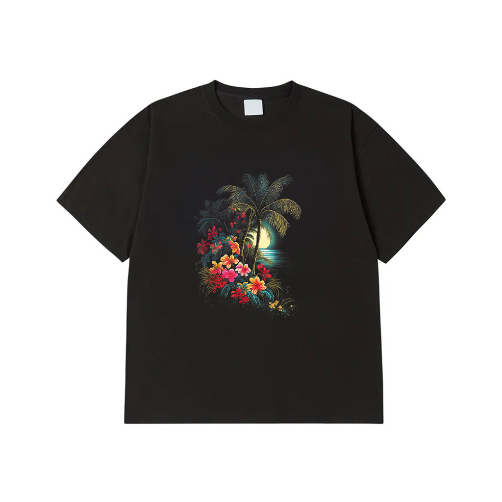 Hibiscus Flower Palm Tree Ocean Sunset Beach Tropical T-Shirt