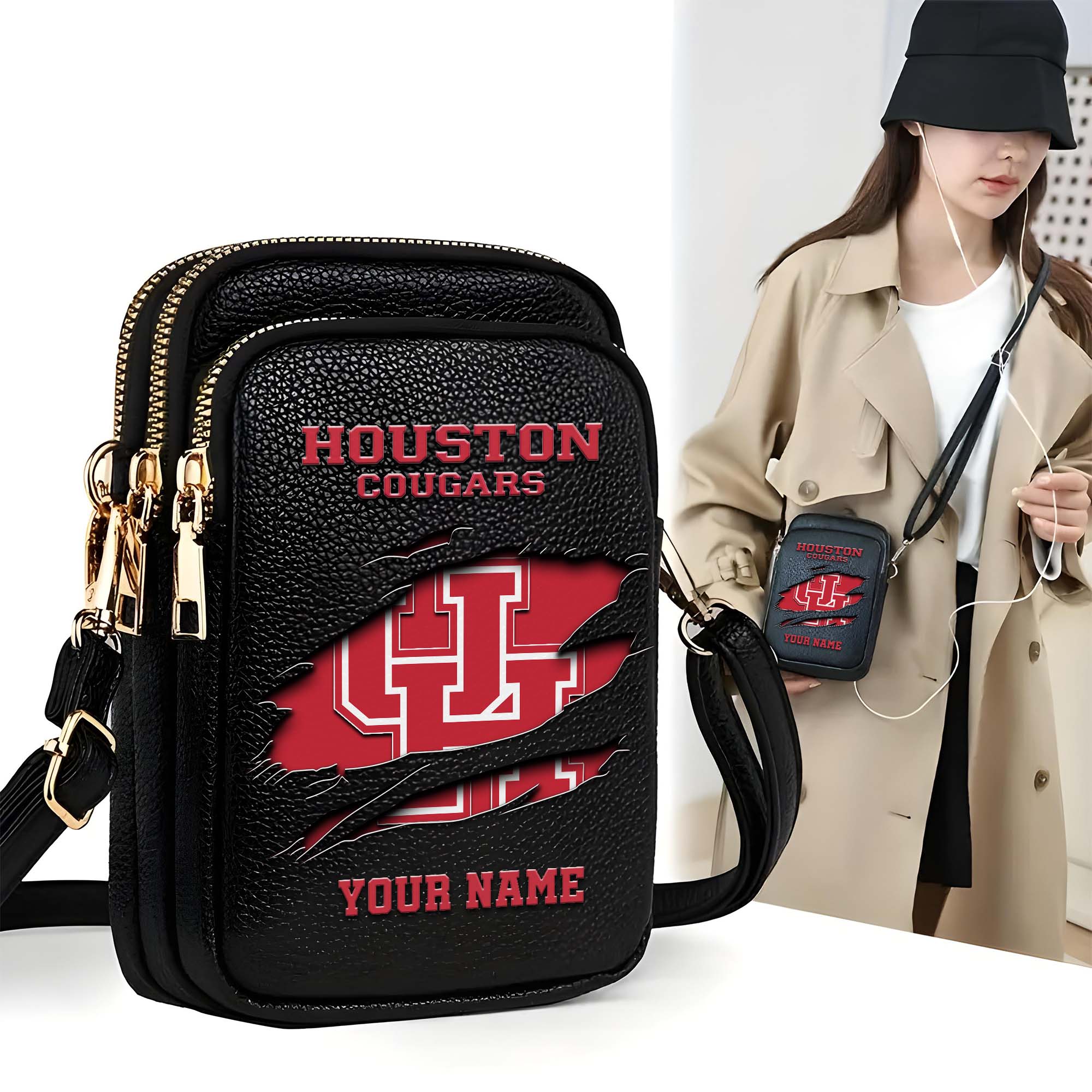 Houston Cougars Customized Womens Mobile Phone Bag With Your Name, Leather Crossbody Bag, Fan Gifts