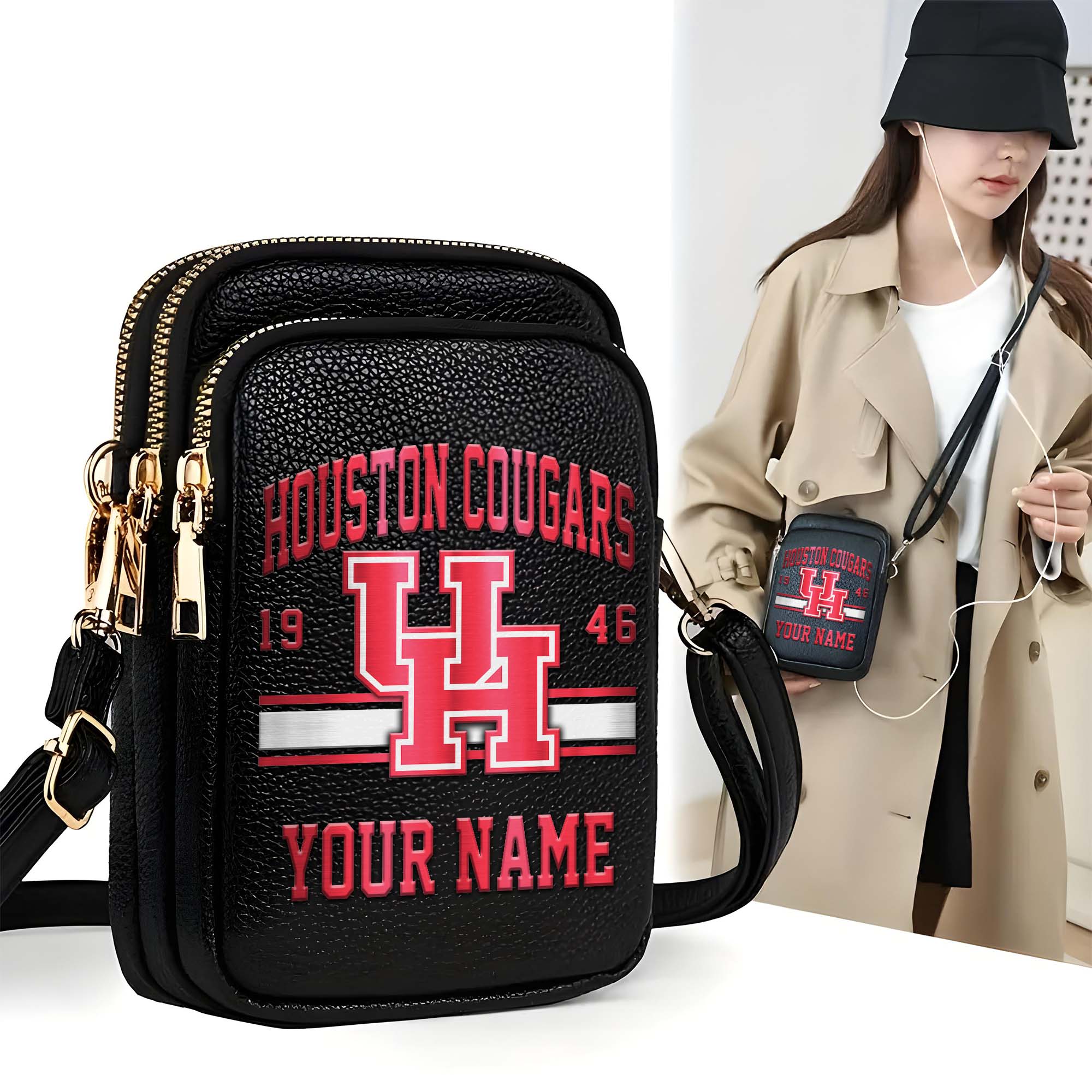 Houston Cougars Customized Womens Mobile Phone Bag With Your Name, Leather Crossbody Bag, Fan Gifts