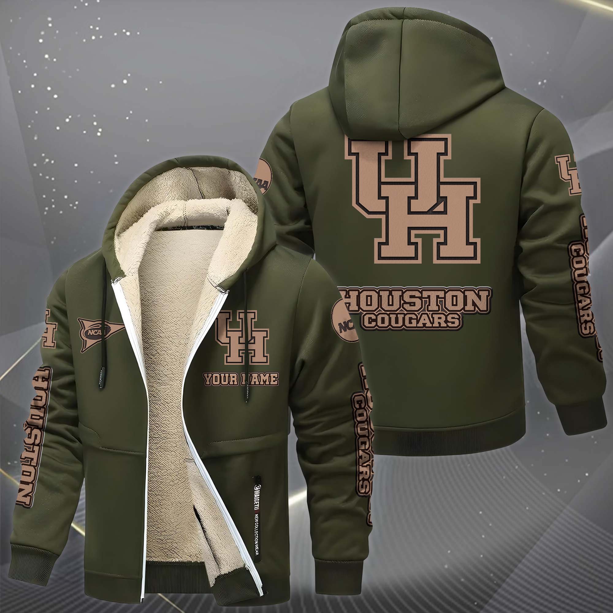 Houston Cougars Hoodie Zip Velvet Coat Custom Your Name, Sport Jacket, Gifts For Fan
