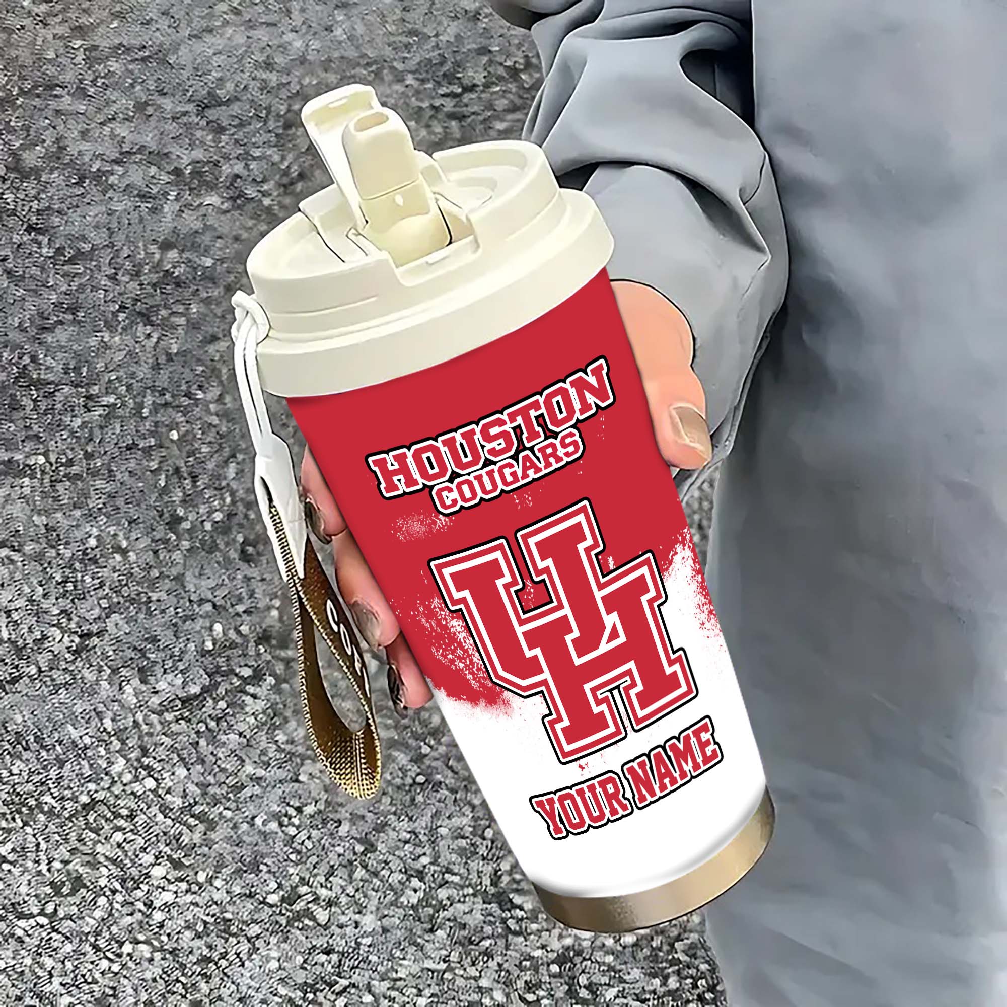Houston Cougars Insulated Coffee Mug With Straw And Lid, Portable Coffee Travel Mug For Car, Fan Gifts