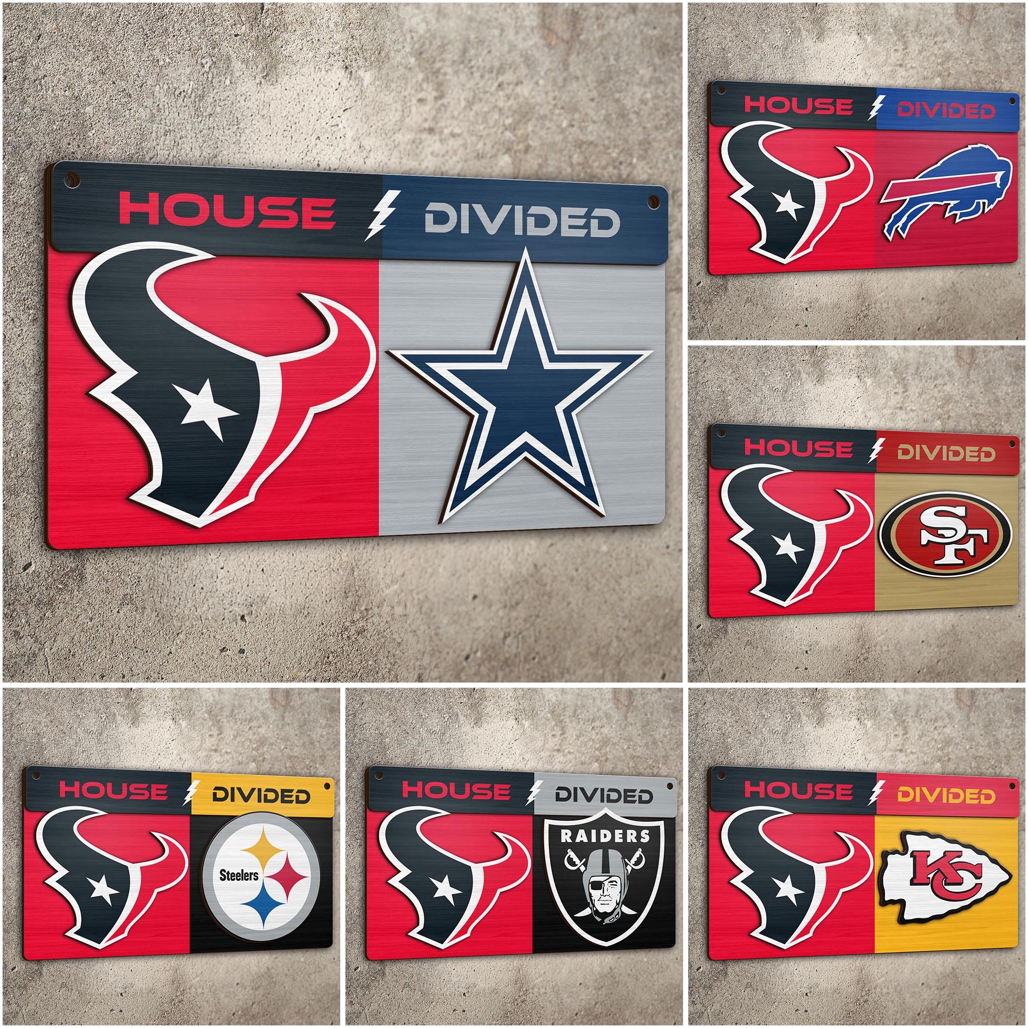 Houston Texans 2 Layers Woodsign Choose Any Team, House Divided Sign, Wall Hangings