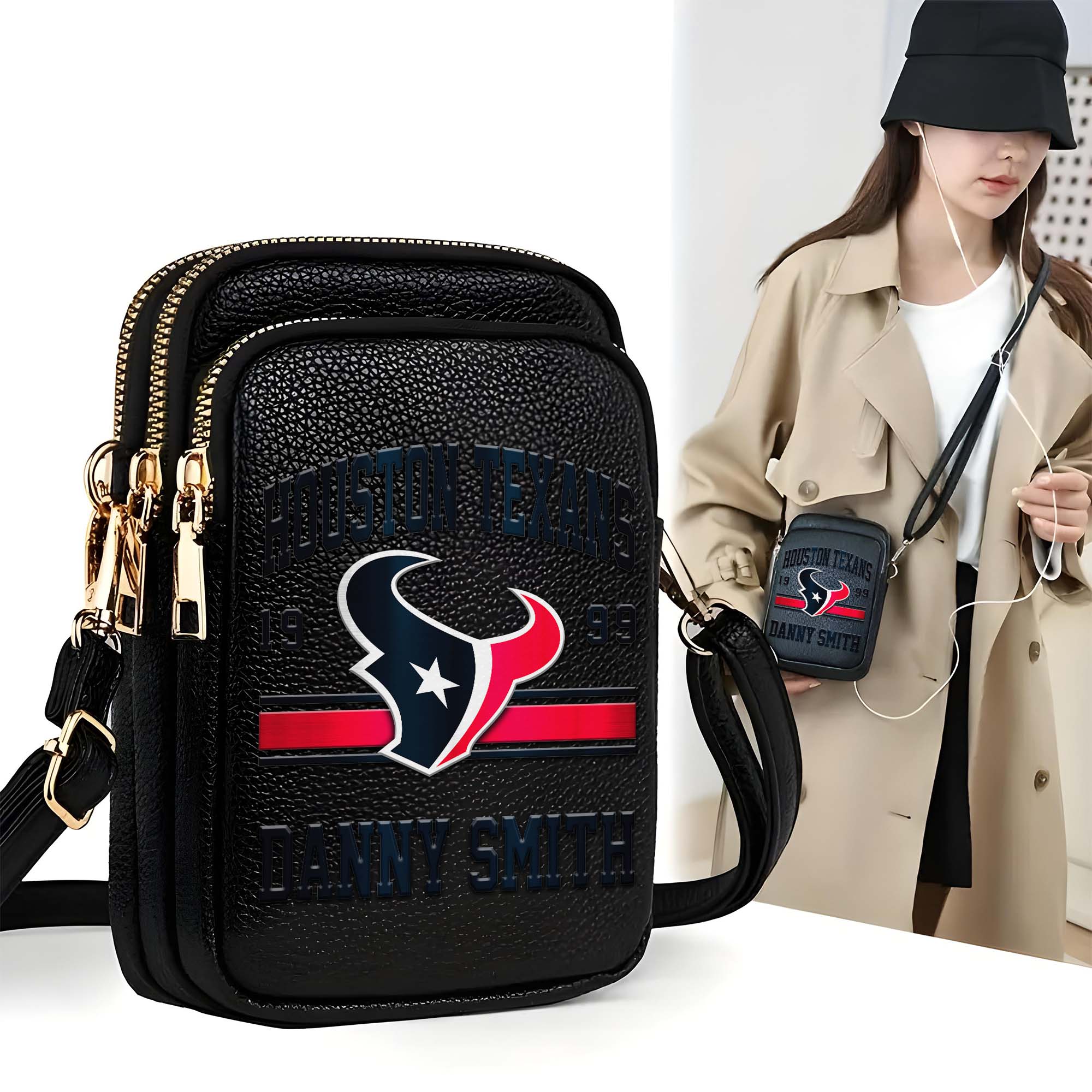 Houston Texans Customized Womens Mobile Phone Bag With Your Name, Leather Crossbody Bag, Fan Gifts