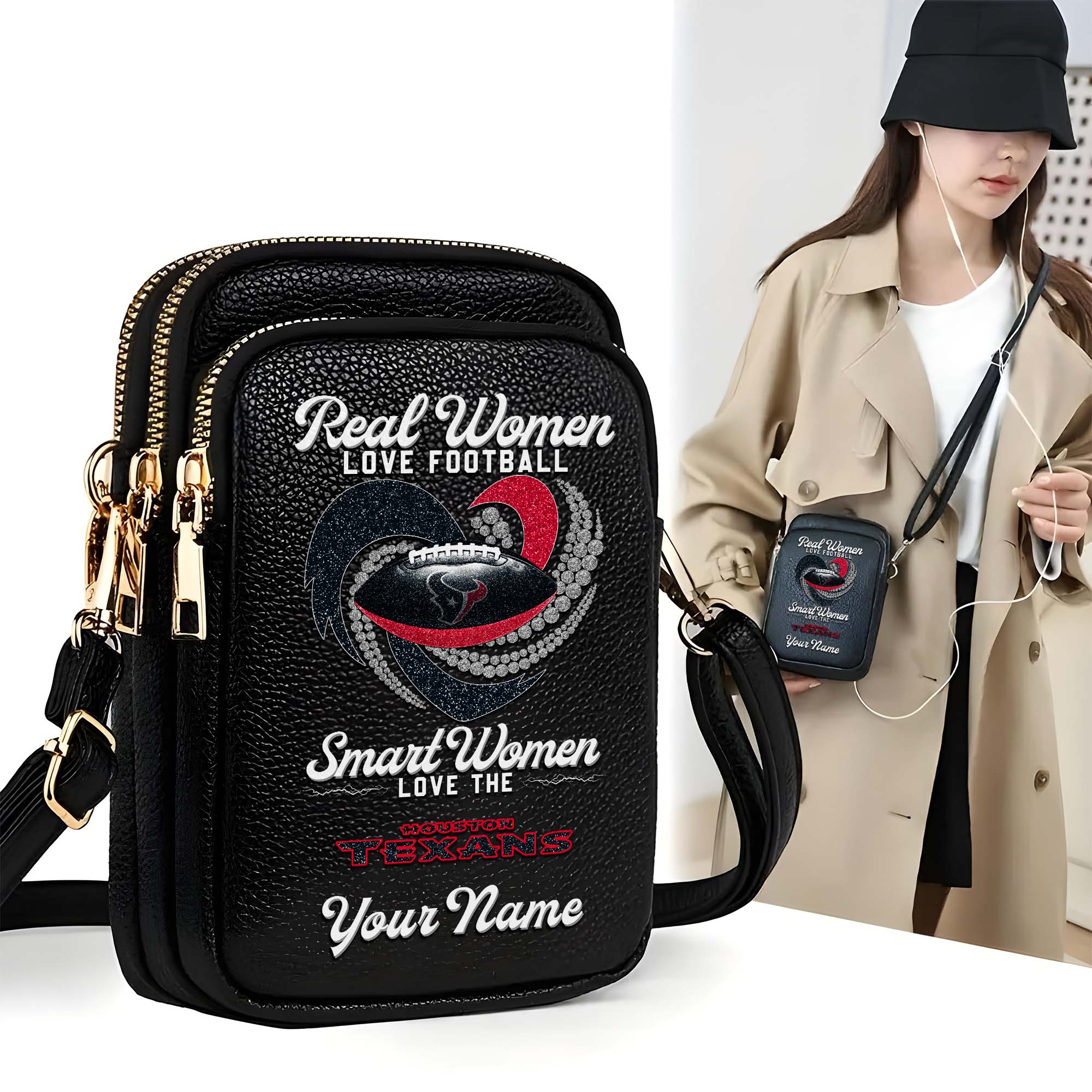 Houston Texans Customized Womens Mobile Phone Bag With Your Name, Leather Crossbody Bag, Fan Gifts