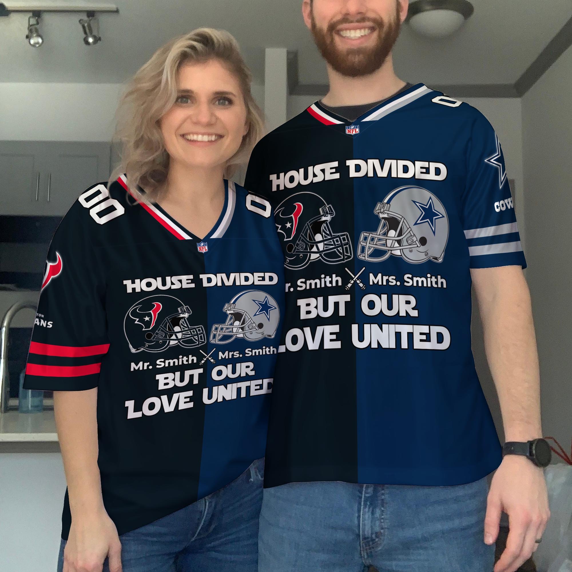 Houston Texans Football Jersey Custom Husband, Wife Name And Number, House Divided Jersey For Fan