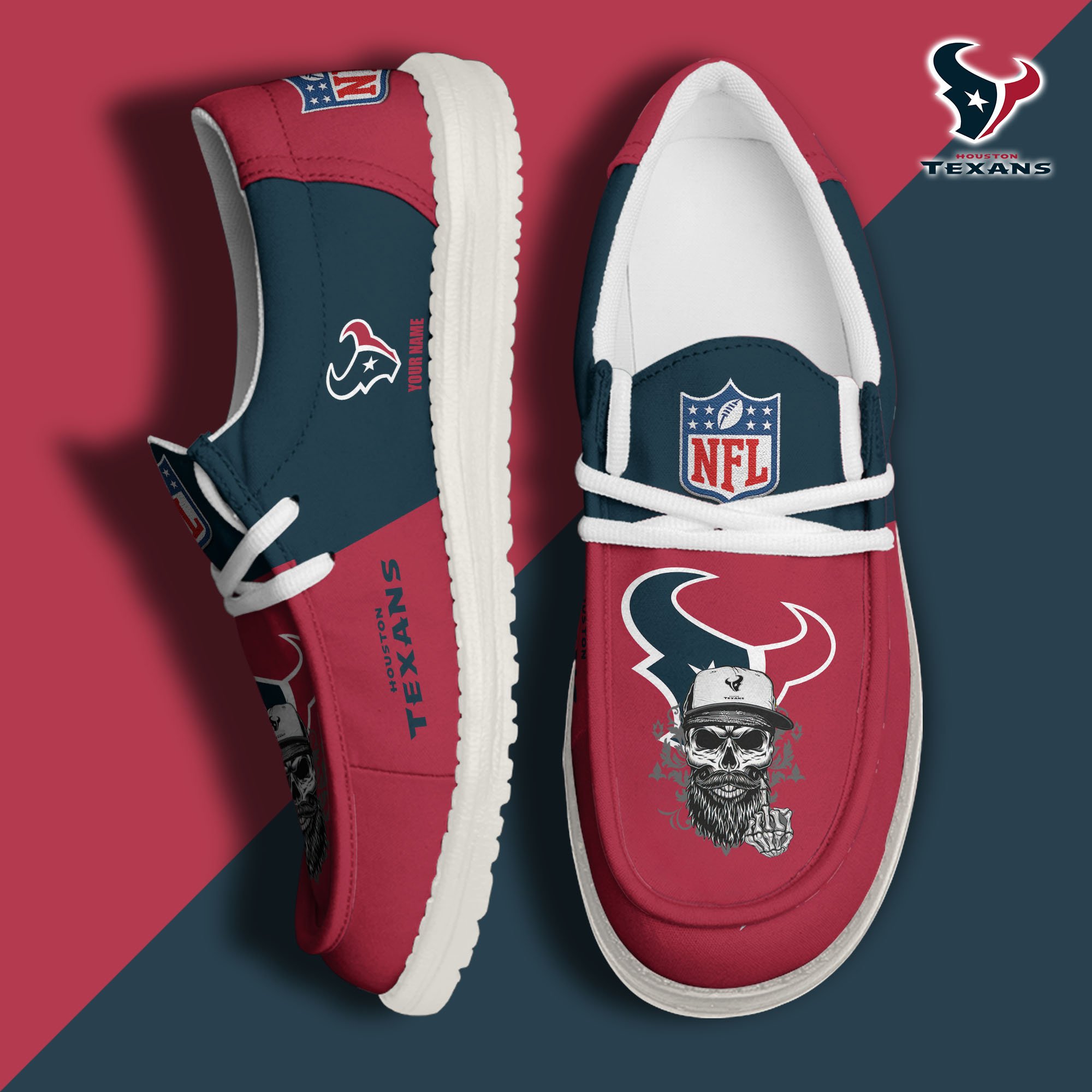 Houston Texans H D White Canvas Loafer Shoes Custom Your Name, Sport Canvas Loafer Shoes
