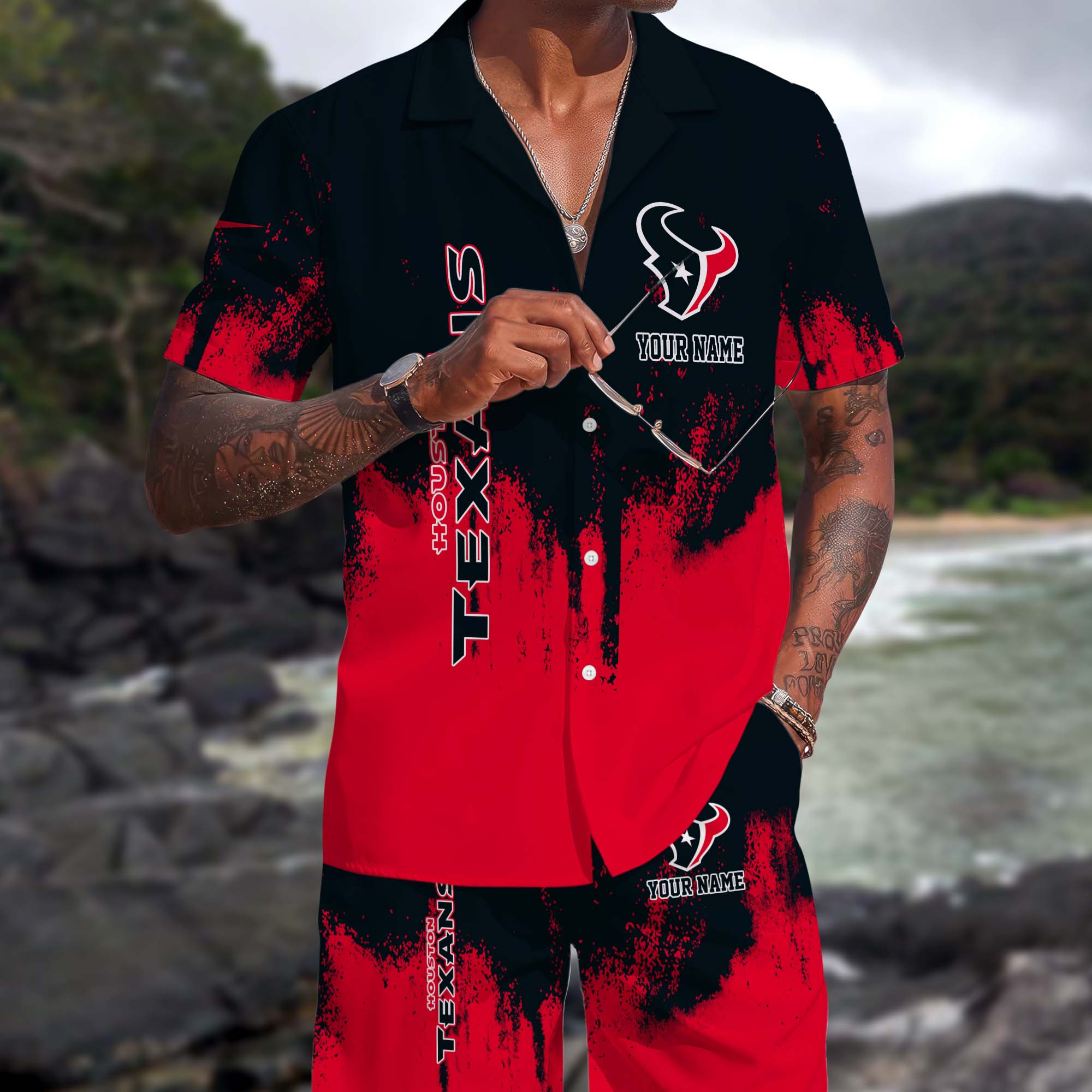 Houston Texans Hawaiian Shorts Set Custom You Name, Sport Shorts, Gifts For Fan