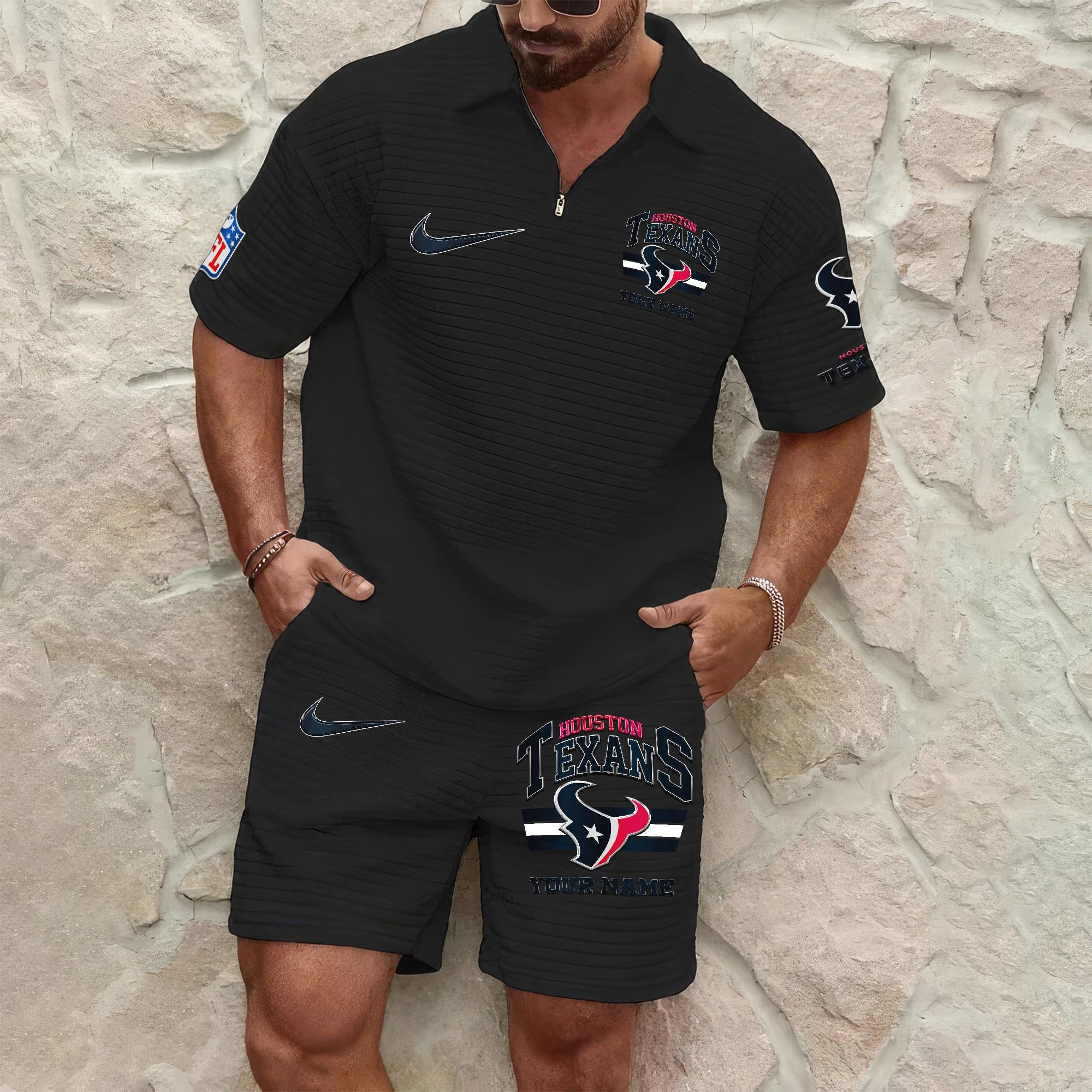 Houston Texans Mens Waffle Pattern Half Zipper Shirt And Short Custom Your Name, Gifts For Football Lovers