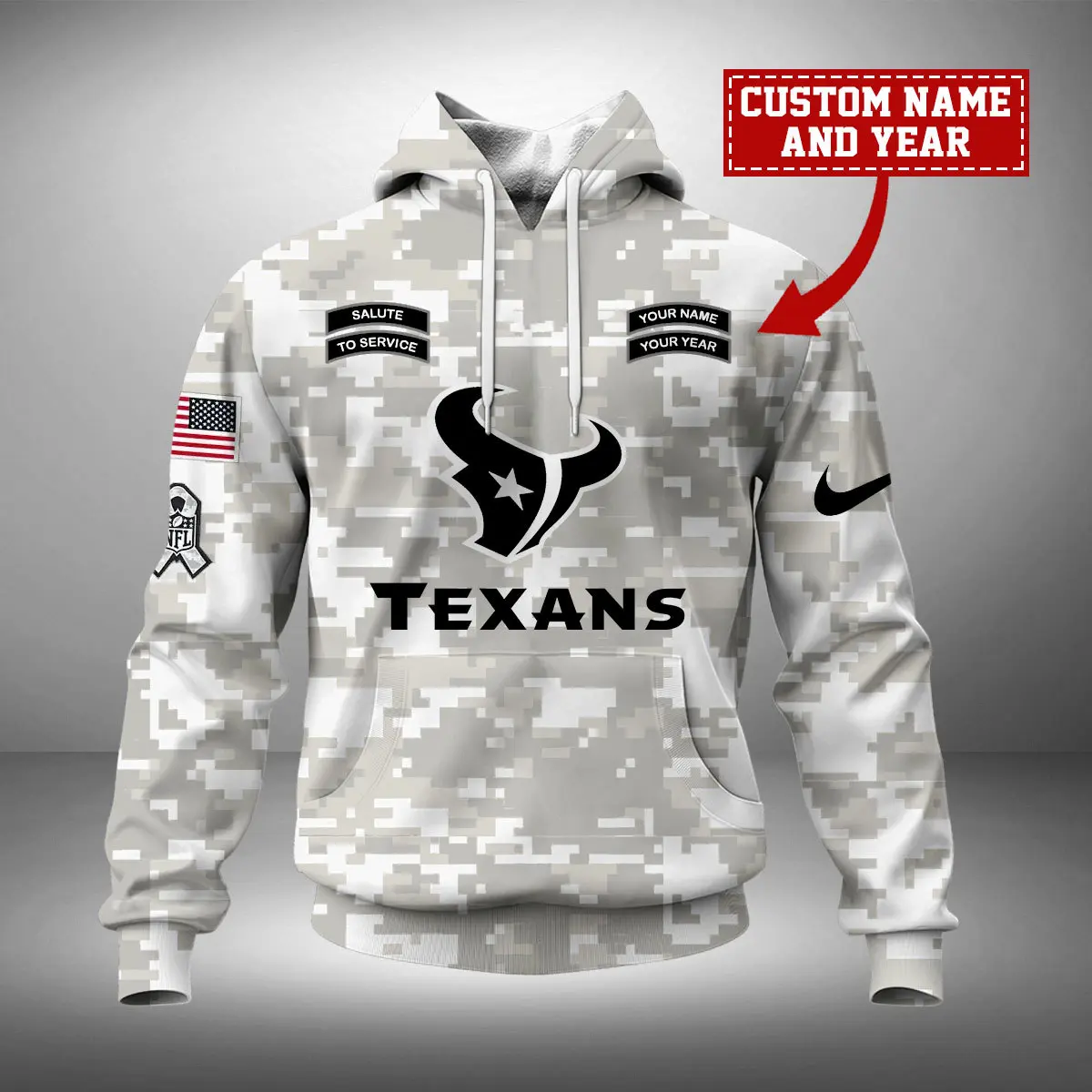 Houston Texans NFL Arctic Camo 2024 Salute To Service Custom Name And Year Unisex Hoodie WUH1014
