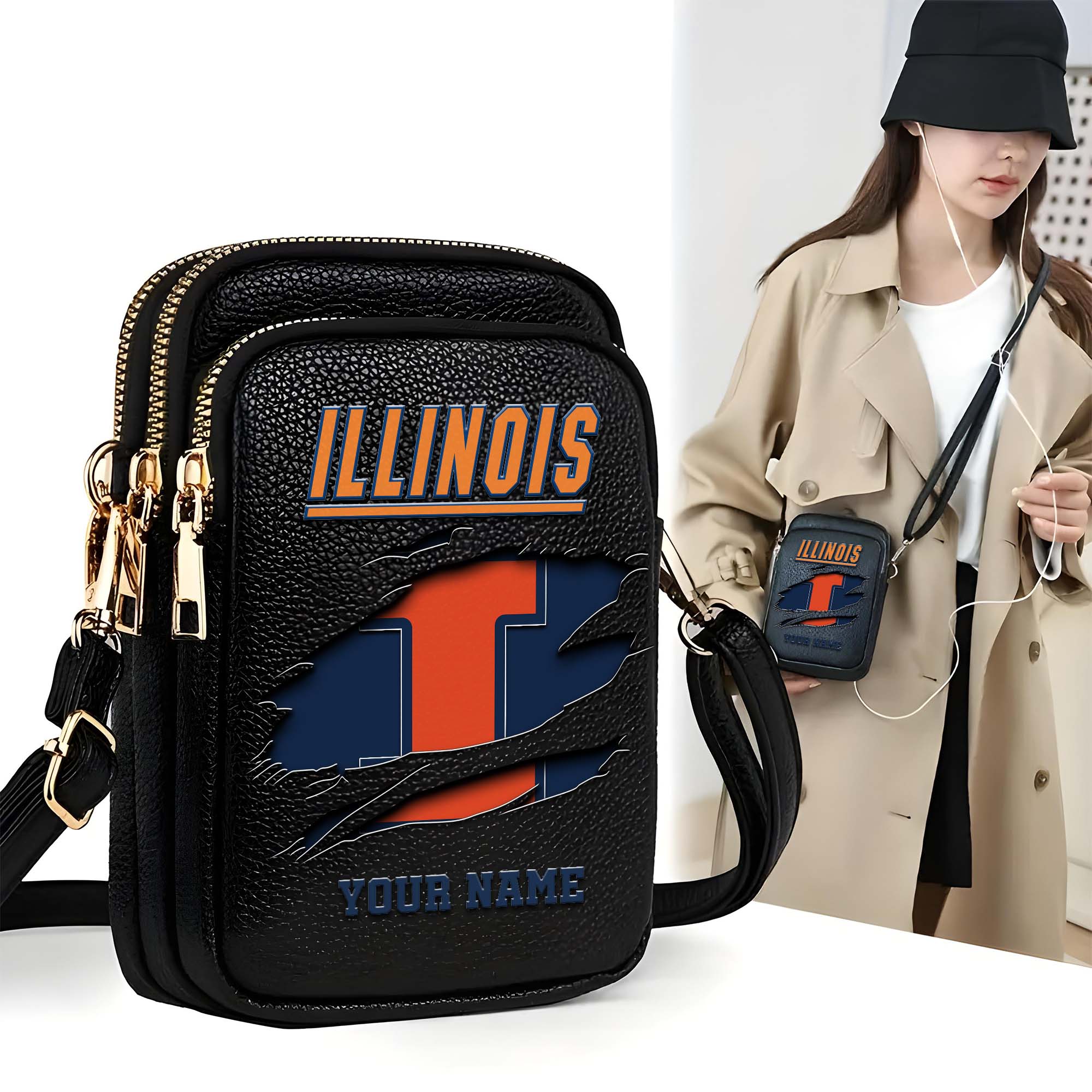 Illinois Fighting Illini Customized Womens Mobile Phone Bag With Your Name, Leather Crossbody Bag, Fan Gifts