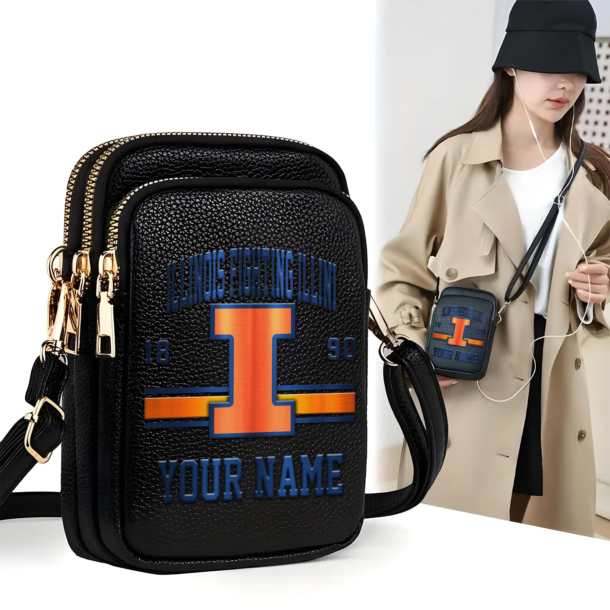 Illinois Fighting Illini Customized Womens Mobile Phone Bag With Your Name, Leather Crossbody Bag, Fan Gifts