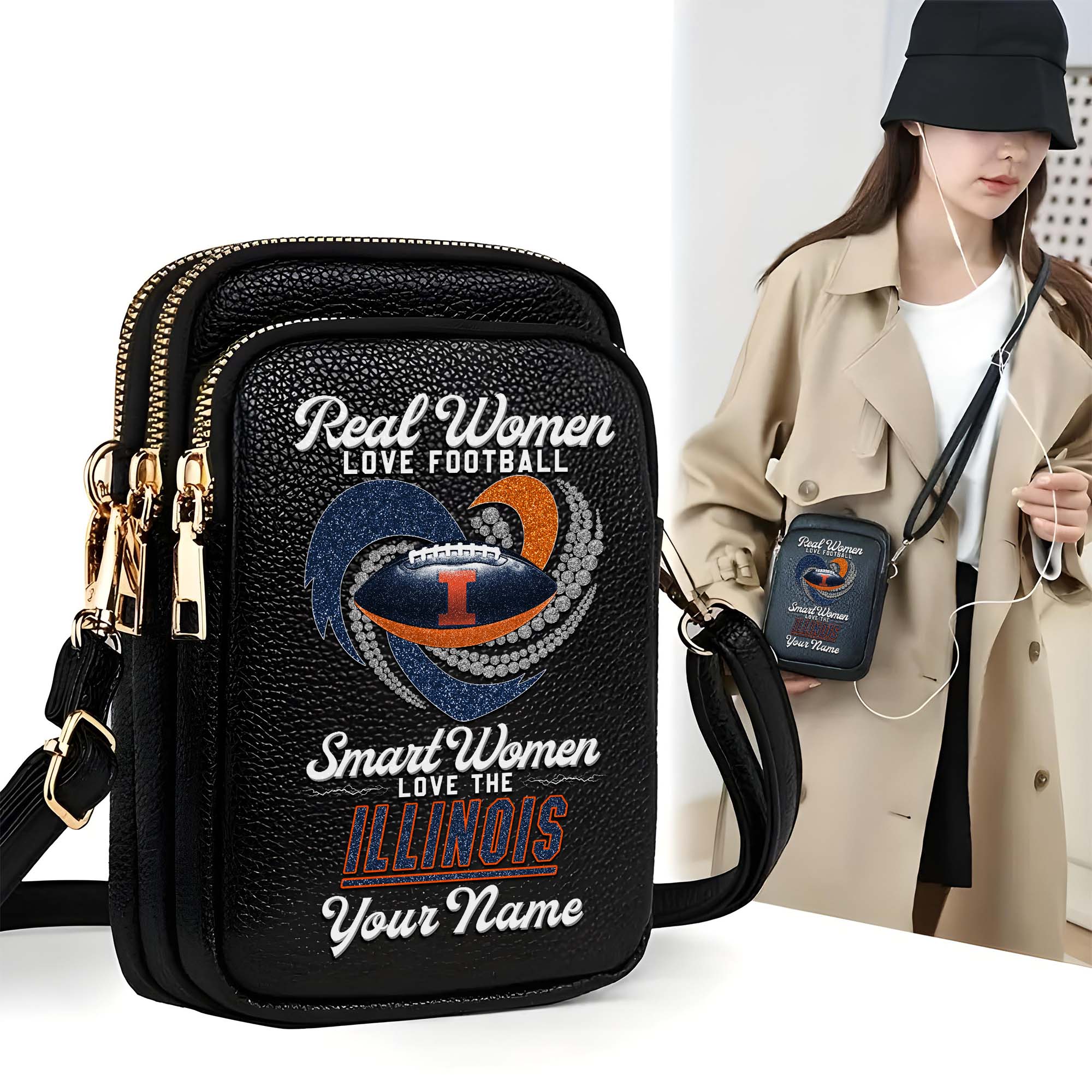 Illinois Fighting Illini Customized Womens Mobile Phone Bag With Your Name, Leather Crossbody Bag, Fan Gifts
