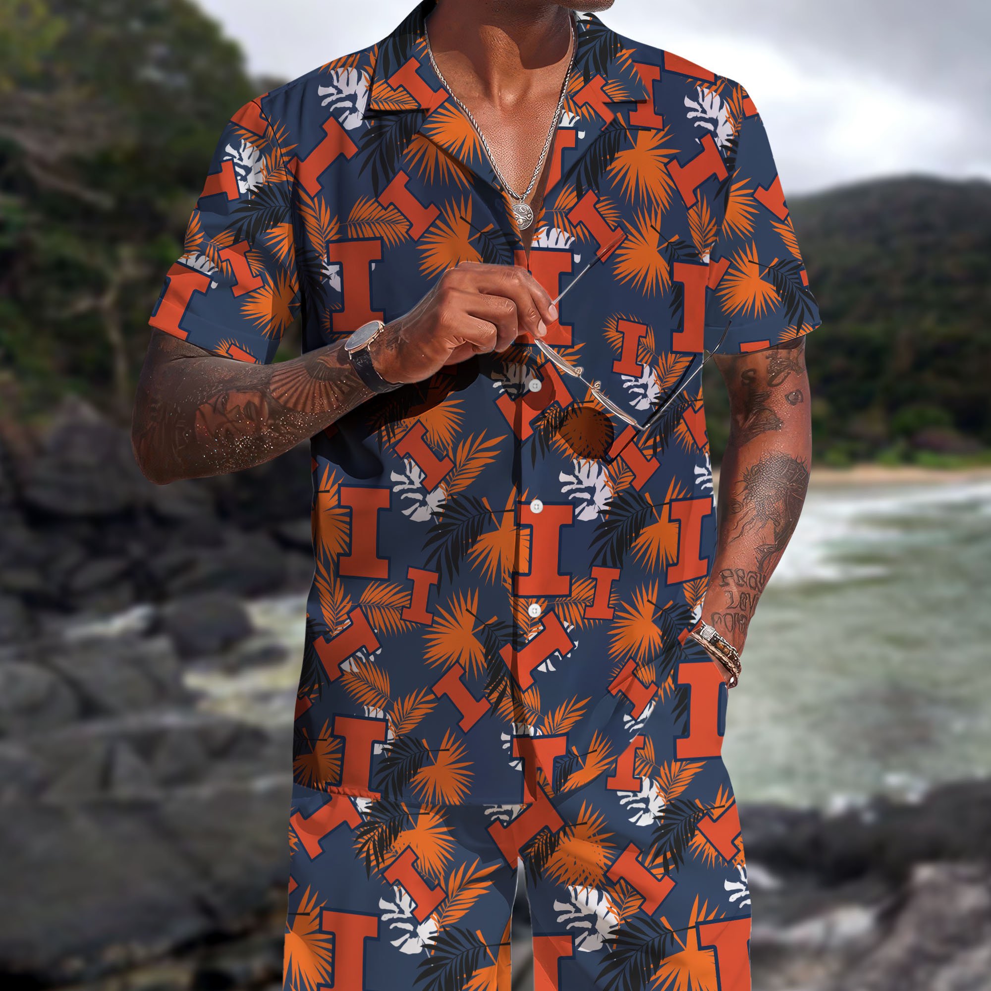 Illinois Fighting Illini Hawaiian Shorts Set 2025 Version, Hawaiian Shirts, Sports Shorts, Gifts For Fan
