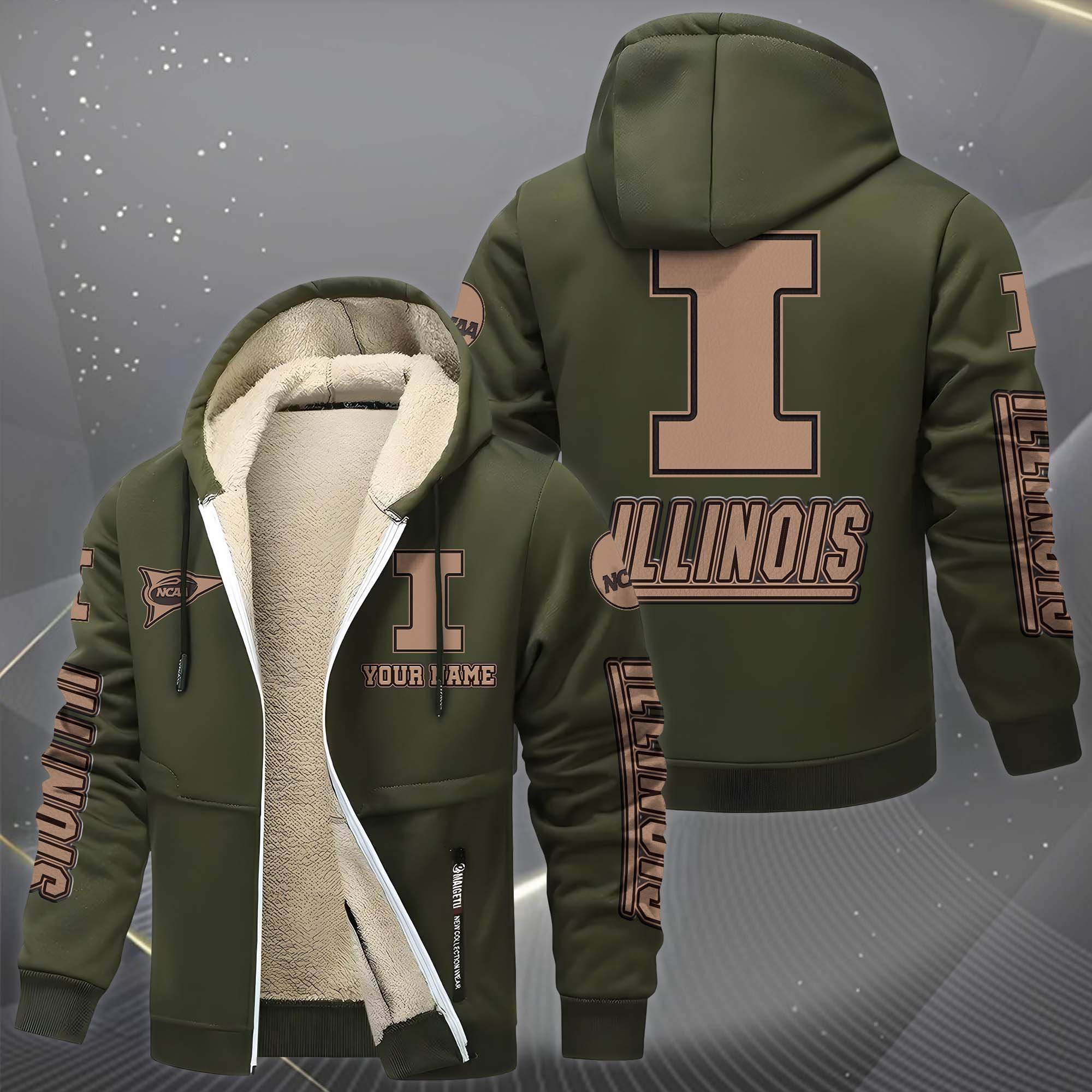 Illinois Fighting Illini Hoodie Zip Velvet Coat Custom Your Name, Sport Jacket, Gifts For Fan
