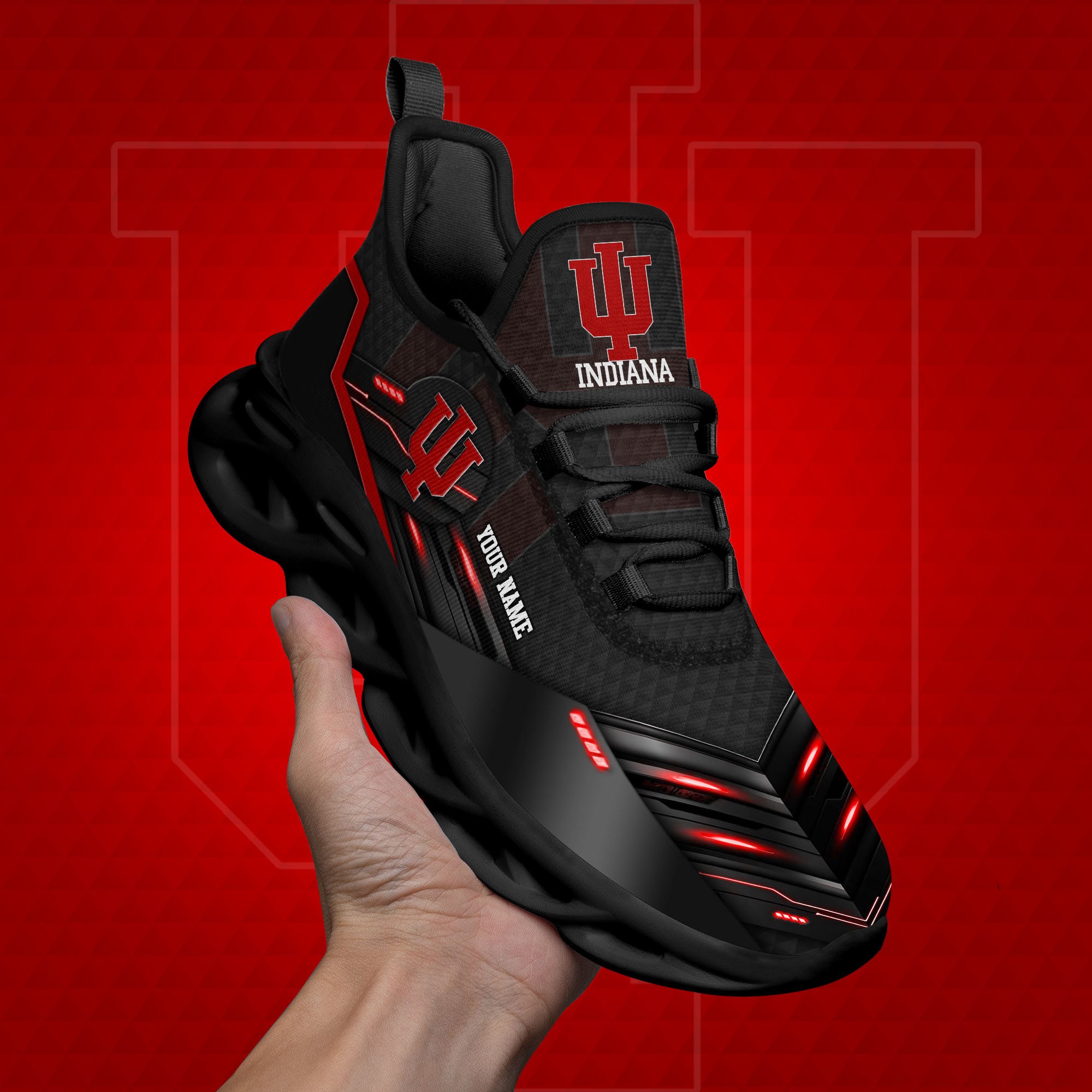 Indiana Hoosiers Black Clunky Sneaker Custom Name, Max Soul Shoes, Sport Gifts For Fan