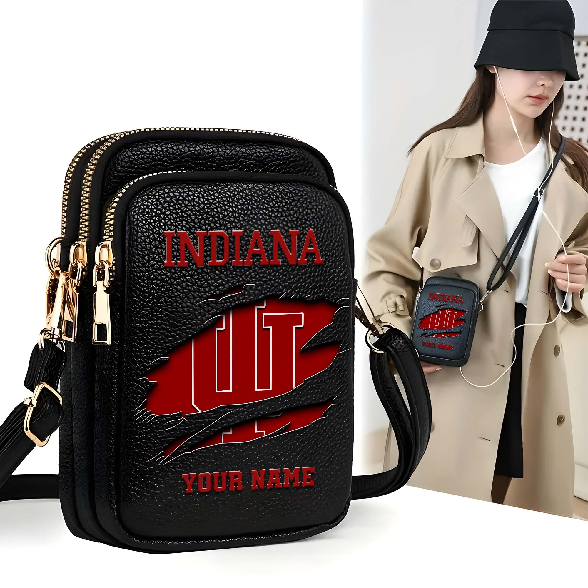 Indiana Hoosiers Customized Womens Mobile Phone Bag With Your Name, Leather Crossbody Bag, Fan Gifts