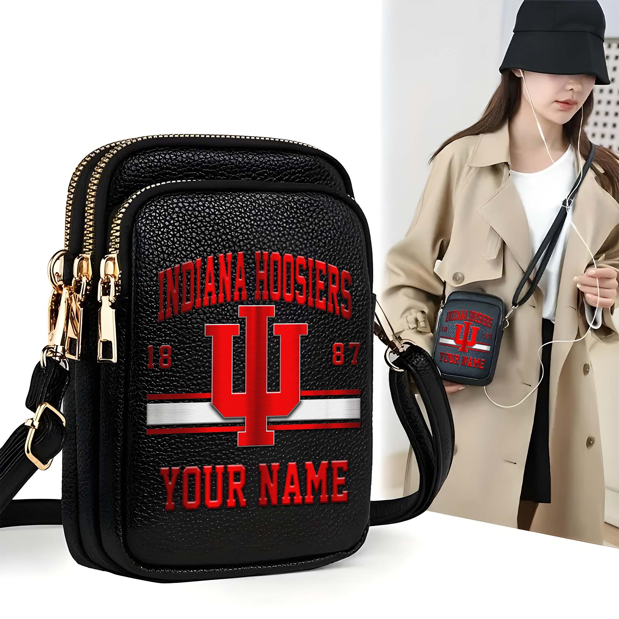 Indiana Hoosiers Customized Womens Mobile Phone Bag With Your Name, Leather Crossbody Bag, Fan Gifts