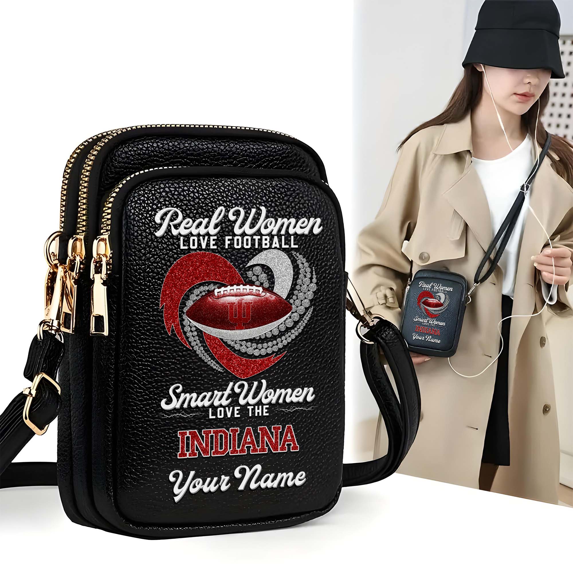 Indiana Hoosiers Customized Womens Mobile Phone Bag With Your Name, Leather Crossbody Bag, Fan Gifts