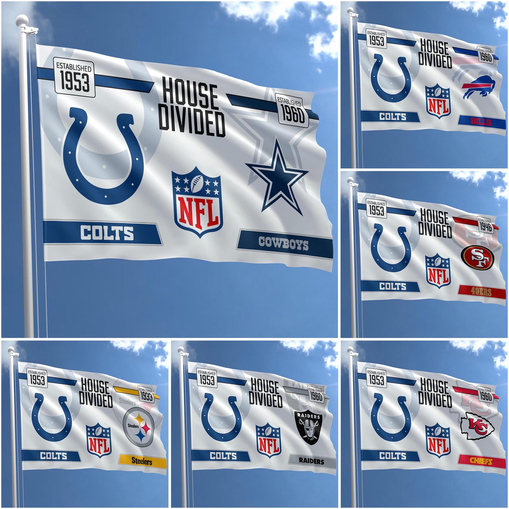 Indianapolis Colts Flag 3X5ft Choose Any Team, House Divided Flag, Home Decors