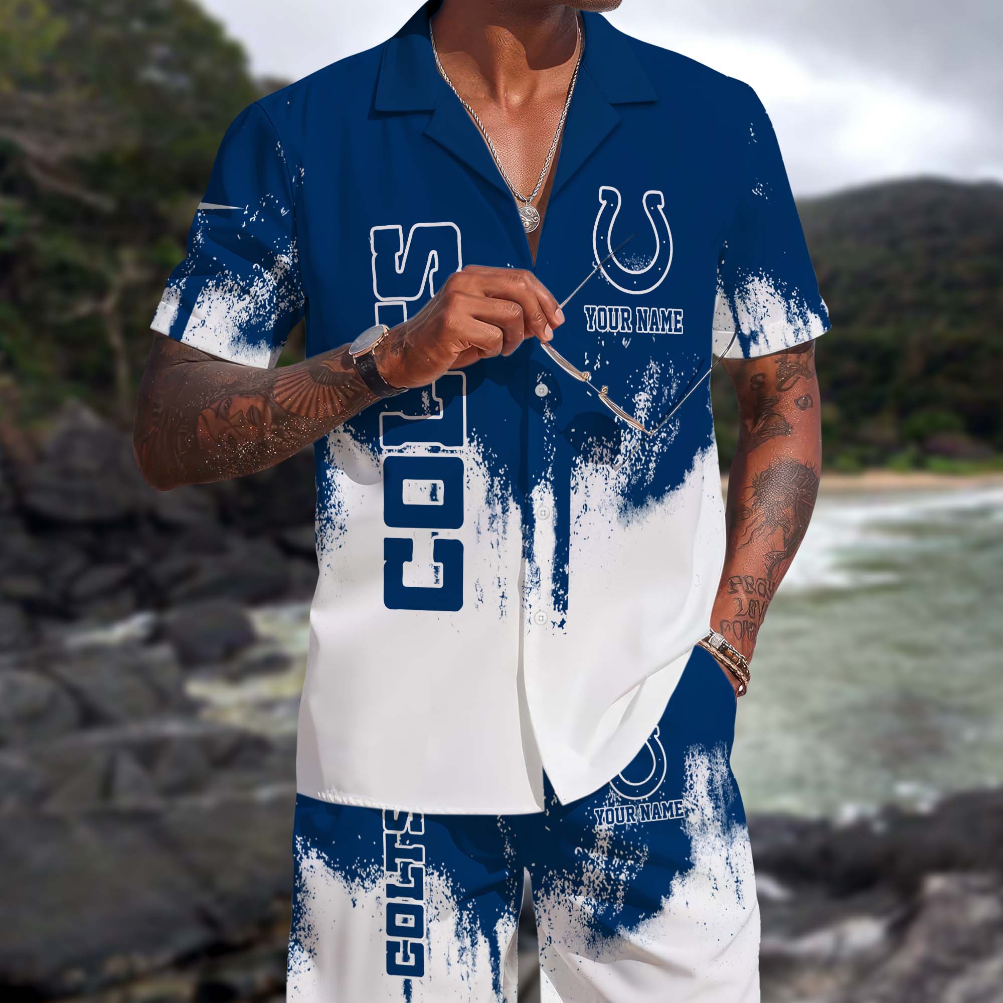 Indianapolis Colts Hawaiian Shorts Set Custom You Name, Sport Shorts, Gifts For Fan