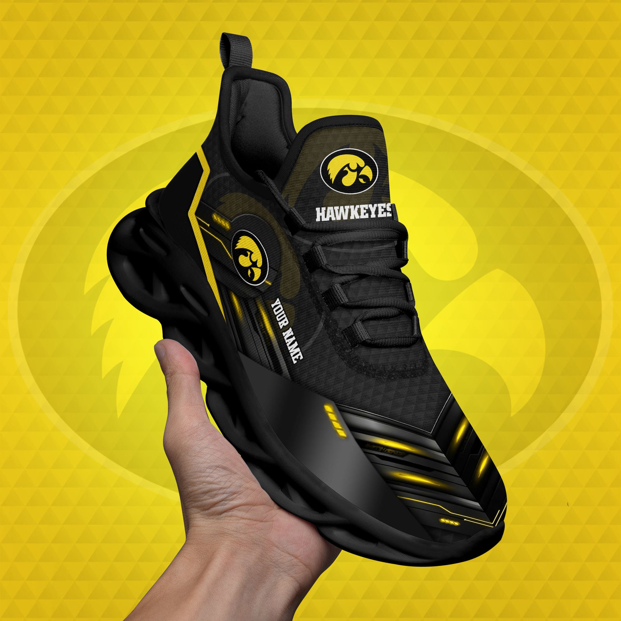 Iowa Hawkeyes Black Clunky Sneaker Custom Name, Max Soul Shoes, Sport Gifts For Fan