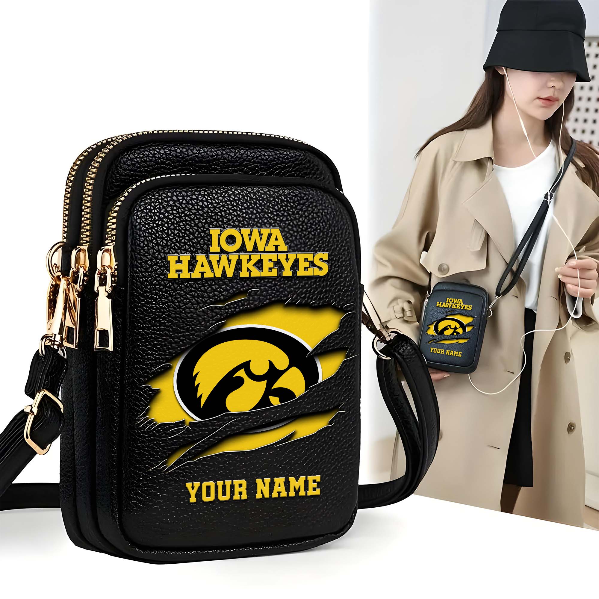 Iowa Hawkeyes Customized Womens Mobile Phone Bag With Your Name, Leather Crossbody Bag, Fan Gifts