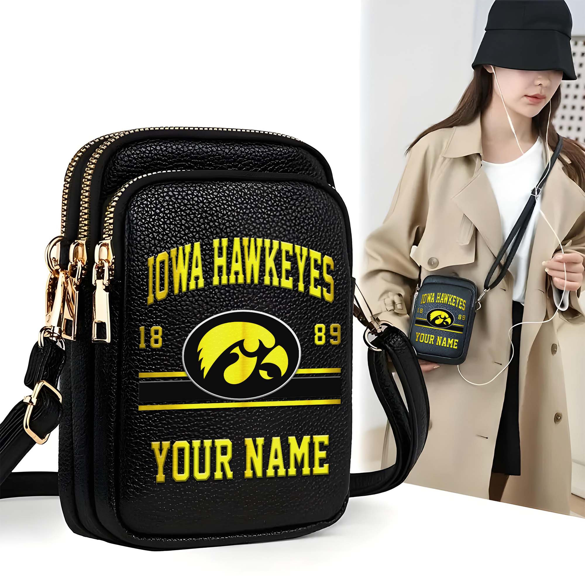 Iowa Hawkeyes Customized Womens Mobile Phone Bag With Your Name, Leather Crossbody Bag, Fan Gifts