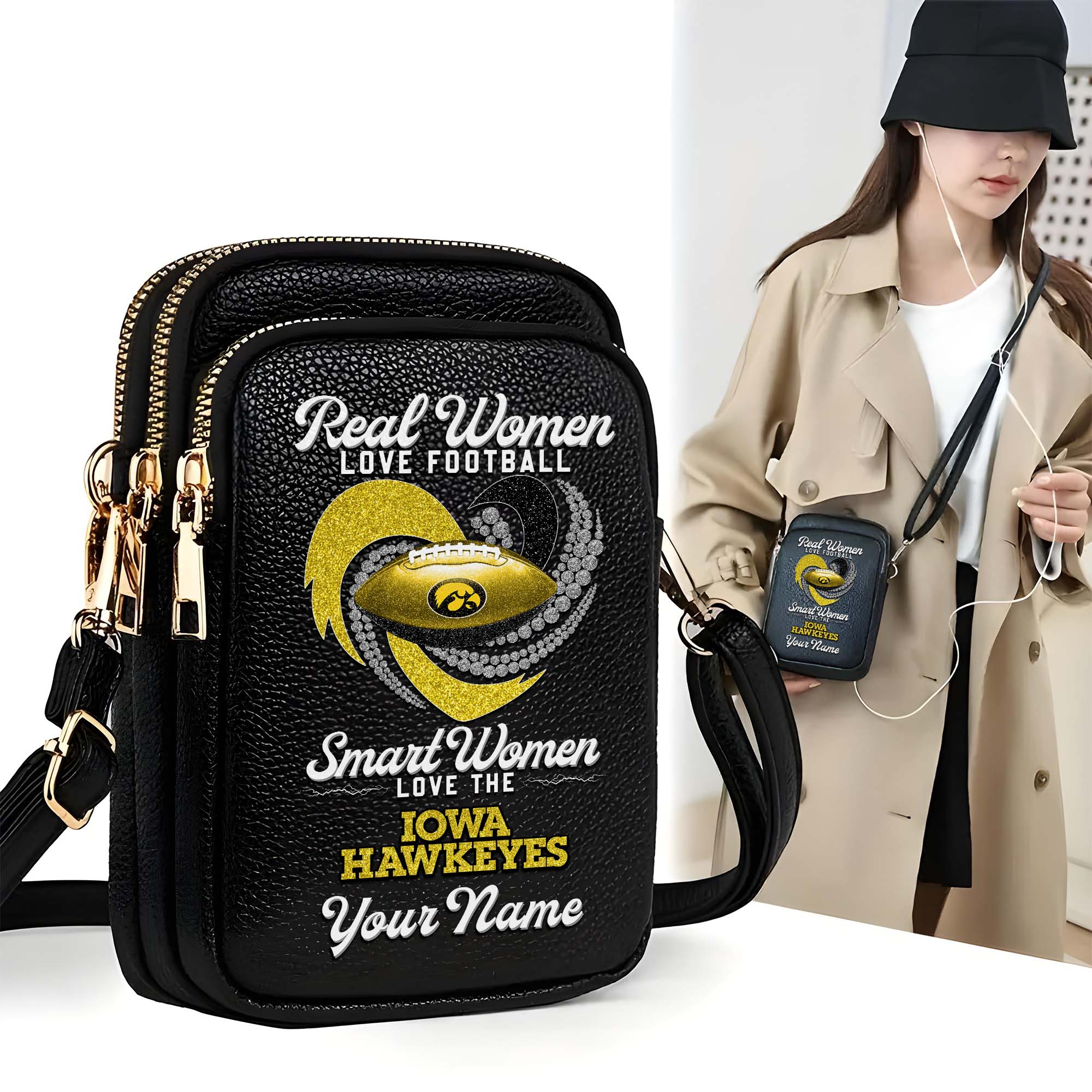 Iowa Hawkeyes Customized Womens Mobile Phone Bag With Your Name, Leather Crossbody Bag, Fan Gifts