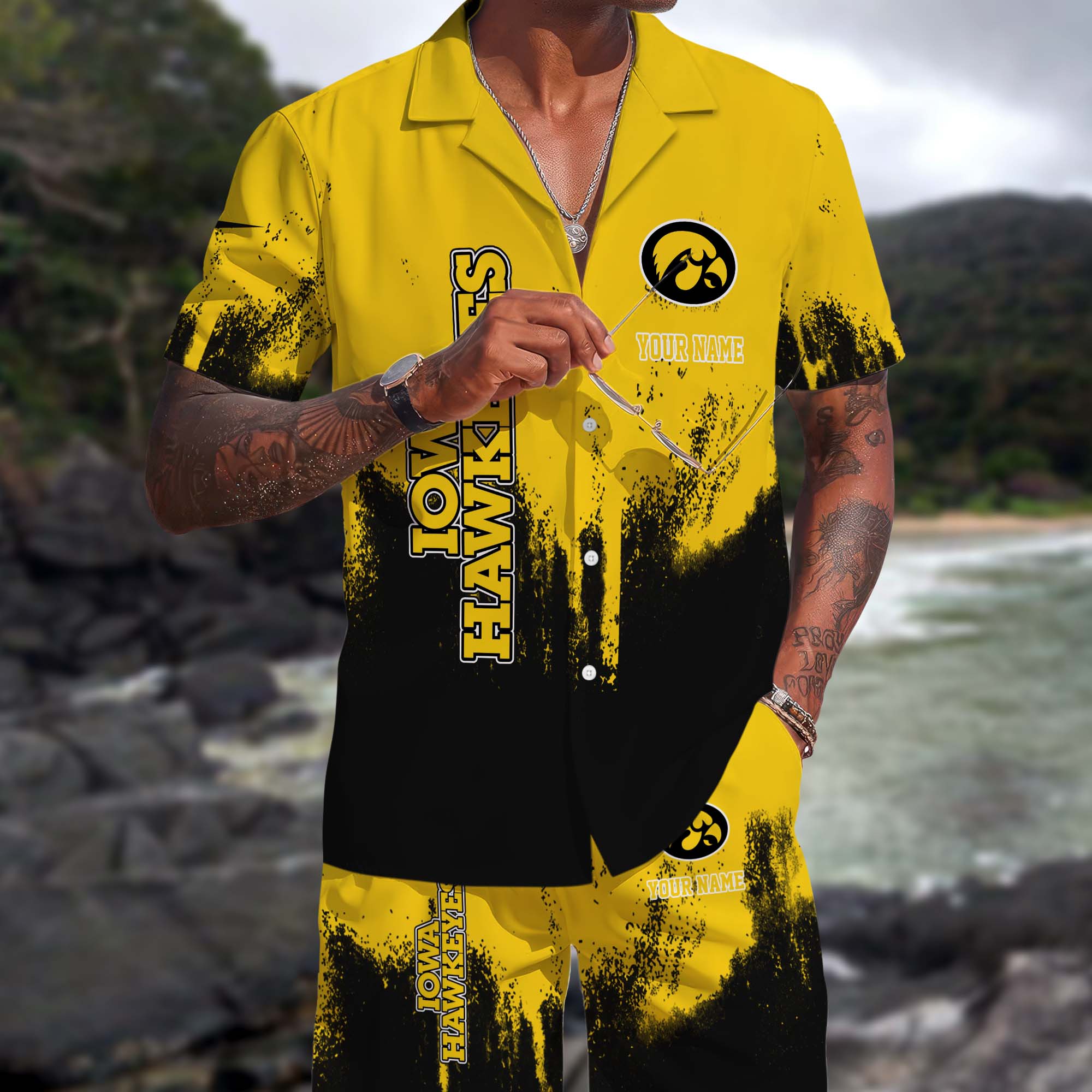 Iowa Hawkeyes Hawaiian Shorts Set Custom You Name, Sports Shorts, Gifts For Fan