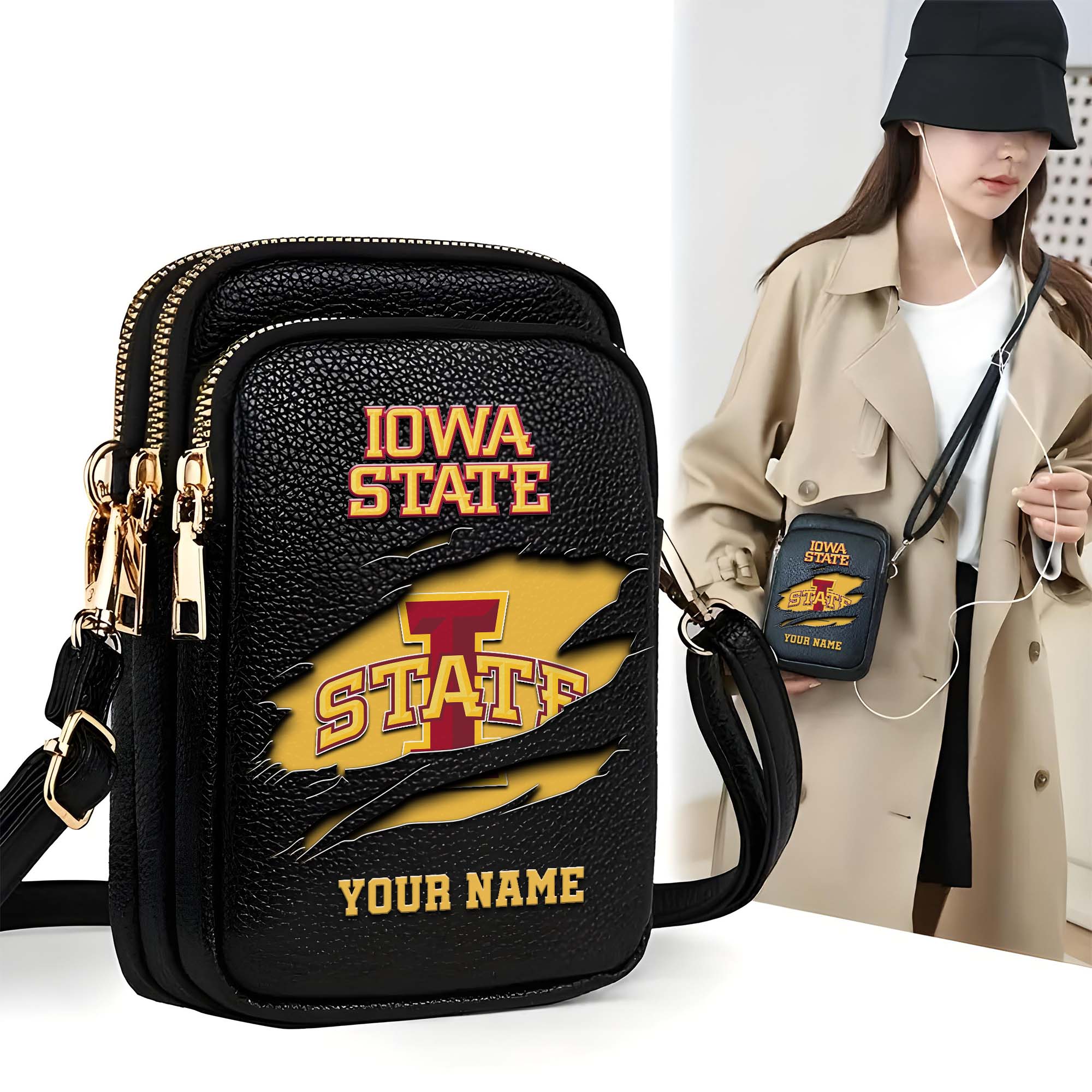 Iowa State Cyclones Customized Womens Mobile Phone Bag With Your Name, Leather Crossbody Bag, Fan Gifts