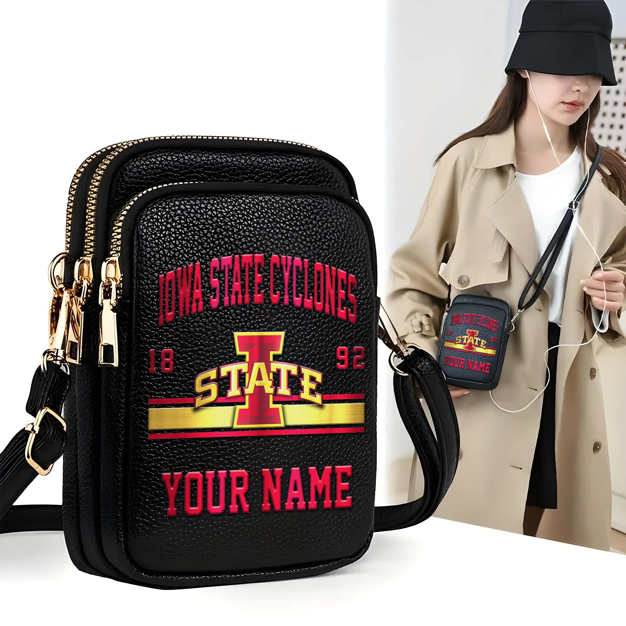 Iowa State Cyclones Customized Womens Mobile Phone Bag With Your Name, Leather Crossbody Bag, Fan Gifts