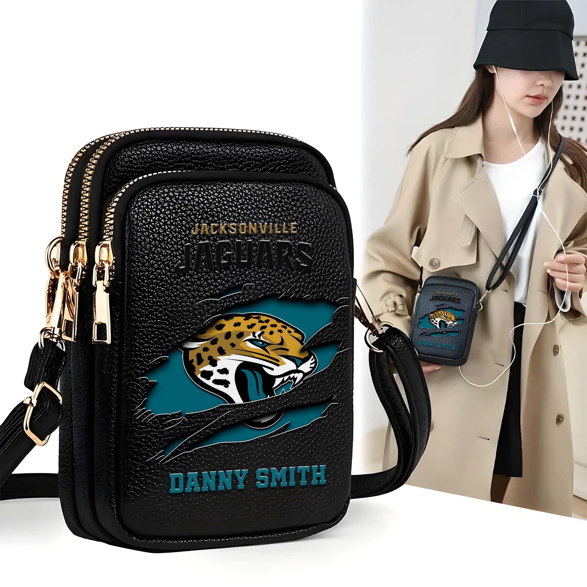 Jacksonville Jaguars Customized Womens Mobile Phone Bag With Your Name, Leather Crossbody Bag, Fan Gifts