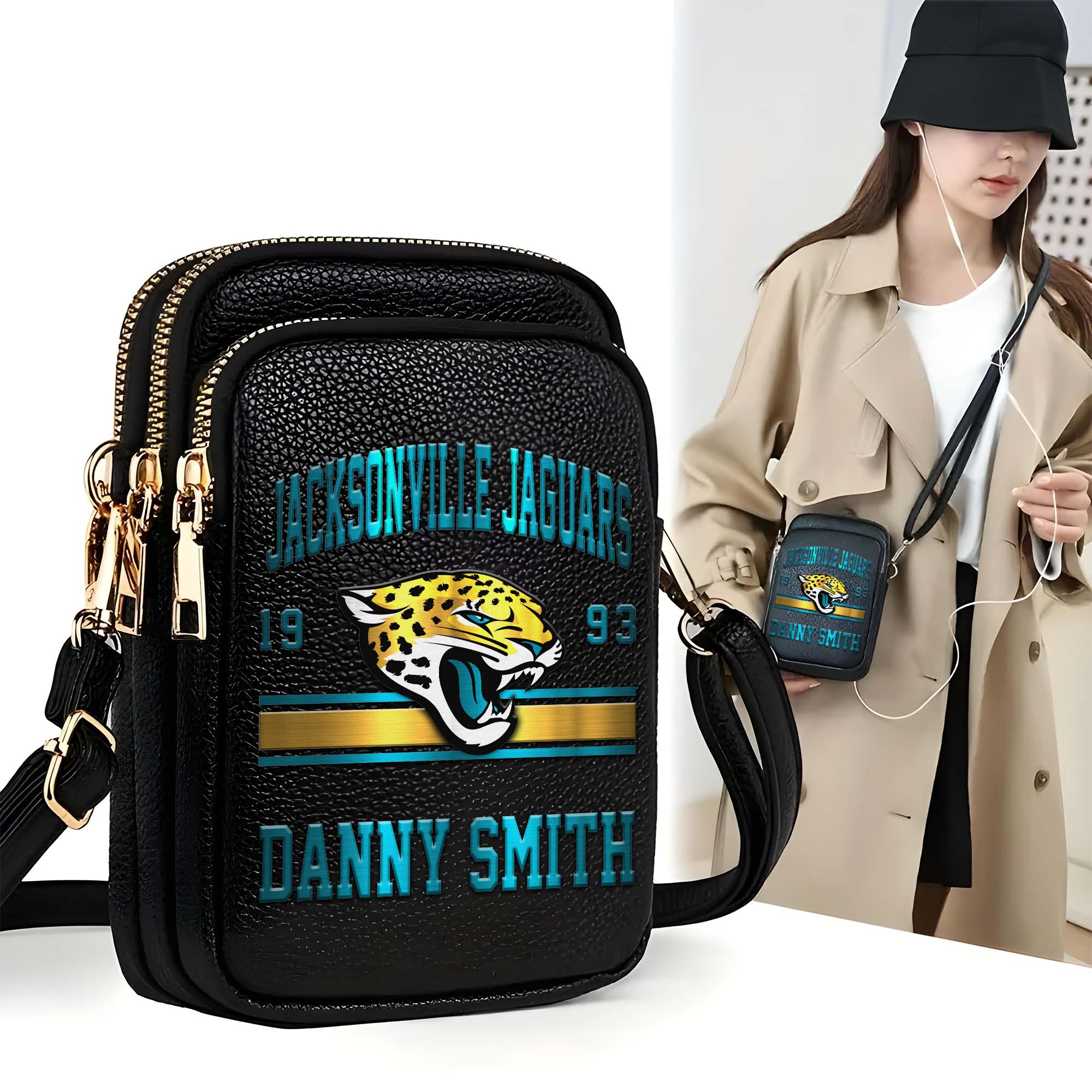 Jacksonville Jaguars Customized Womens Mobile Phone Bag With Your Name, Leather Crossbody Bag, Fan Gifts