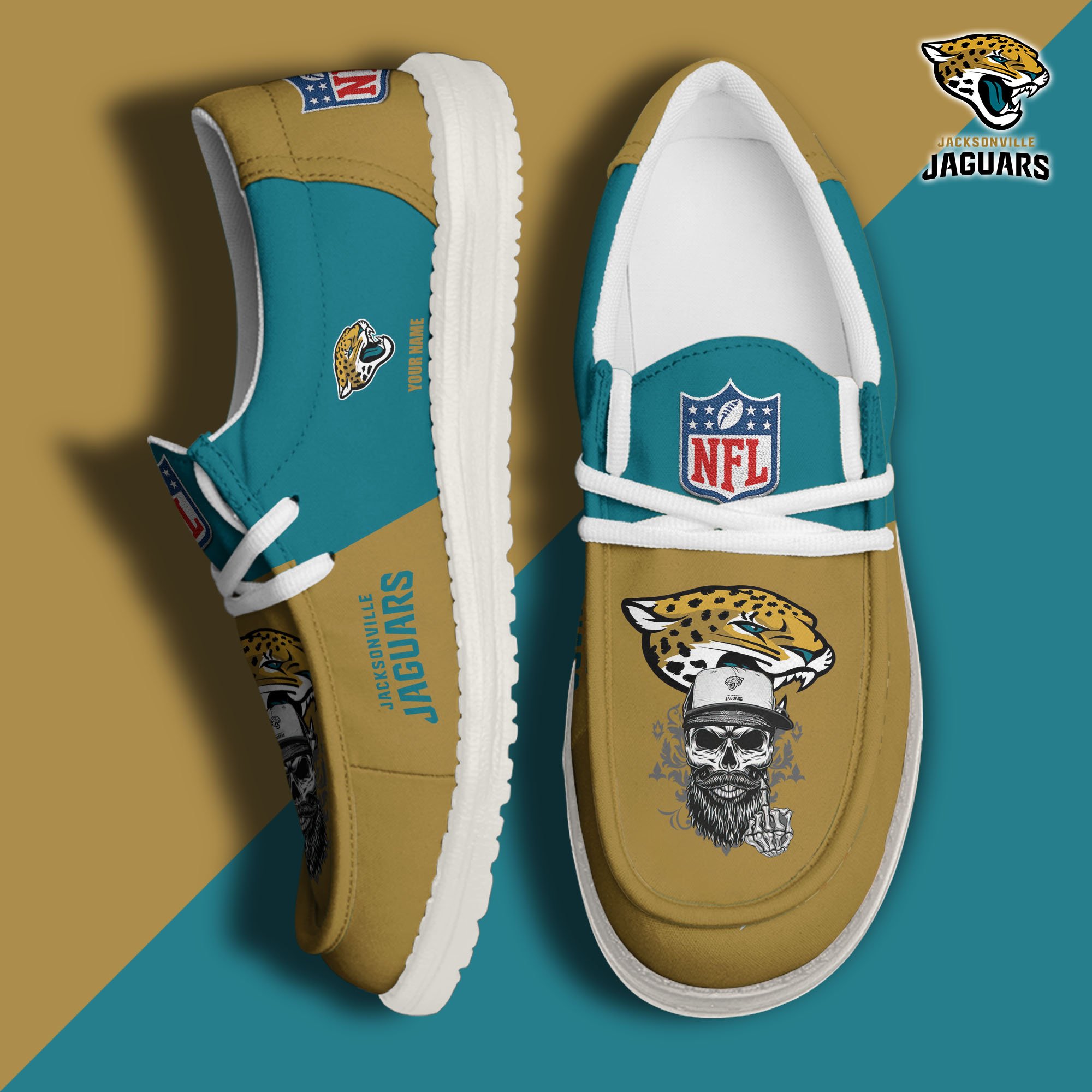 Jacksonville Jaguars H D White Canvas Loafer Shoes Custom Your Name, Sport Canvas Loafer Shoes