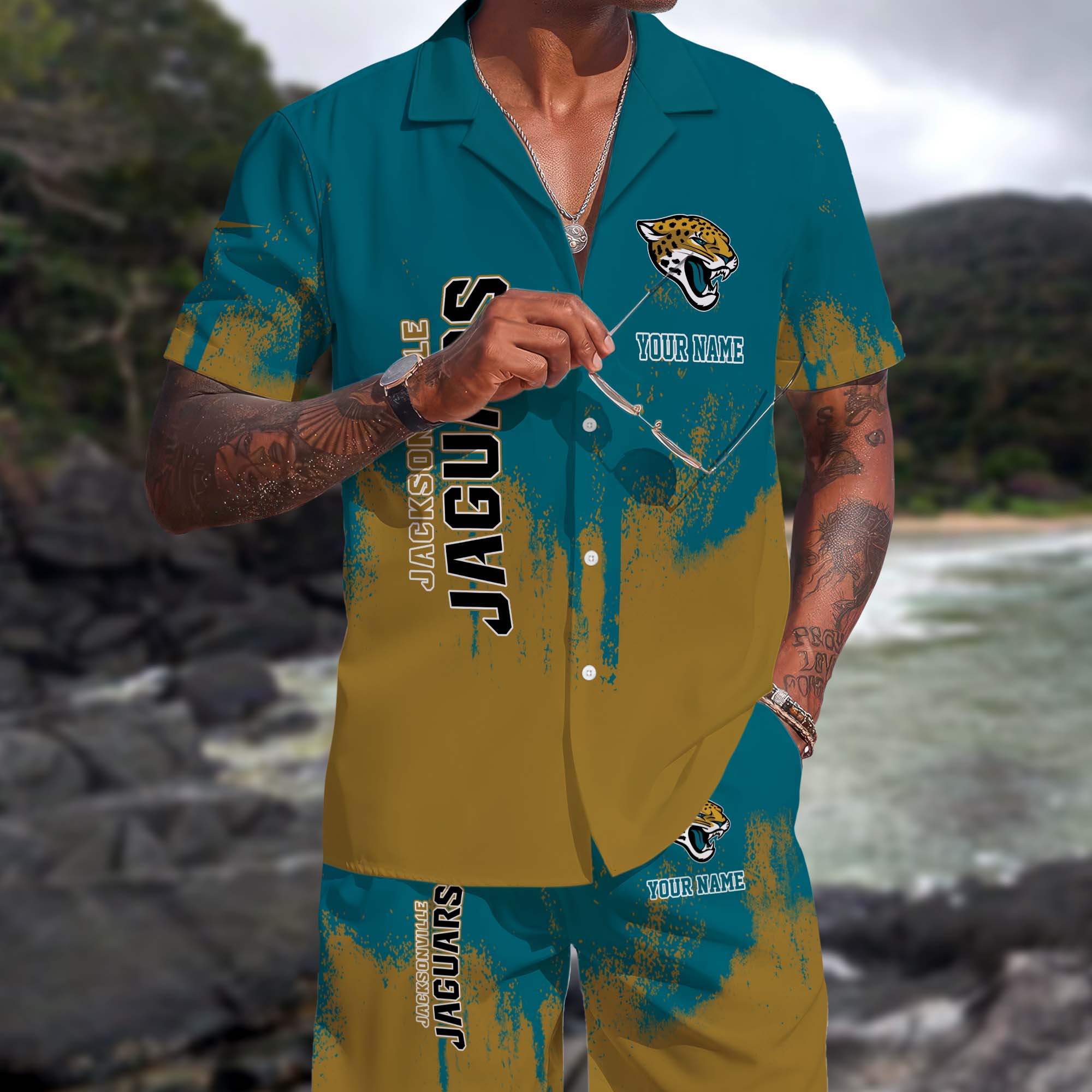 Jacksonville Jaguars Hawaiian Shorts Set Custom You Name, Sport Shorts, Gifts For Fan