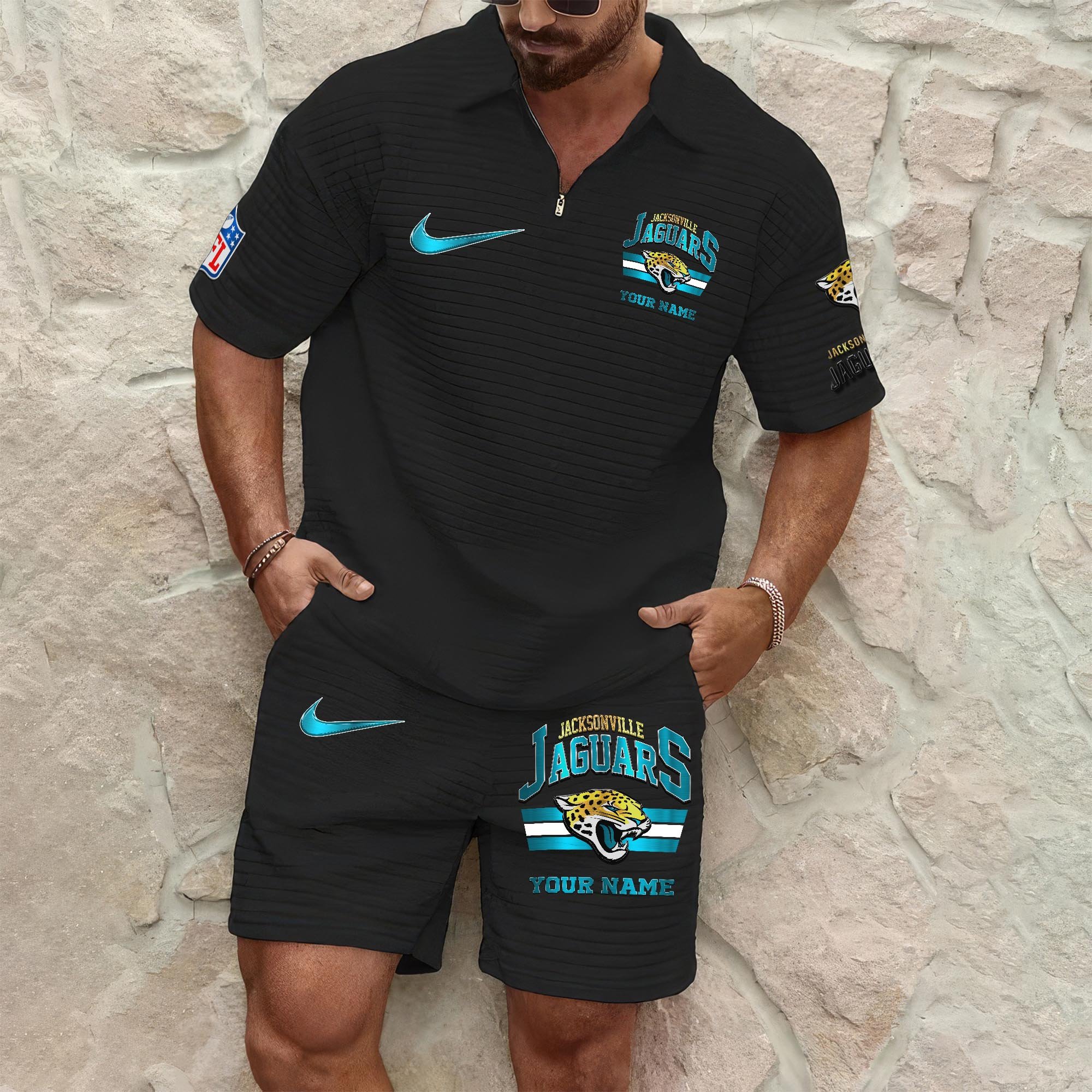 Jacksonville Jaguars Mens Waffle Pattern Half Zipper Shirt And Short Custom Your Name, Gifts For Football Lovers