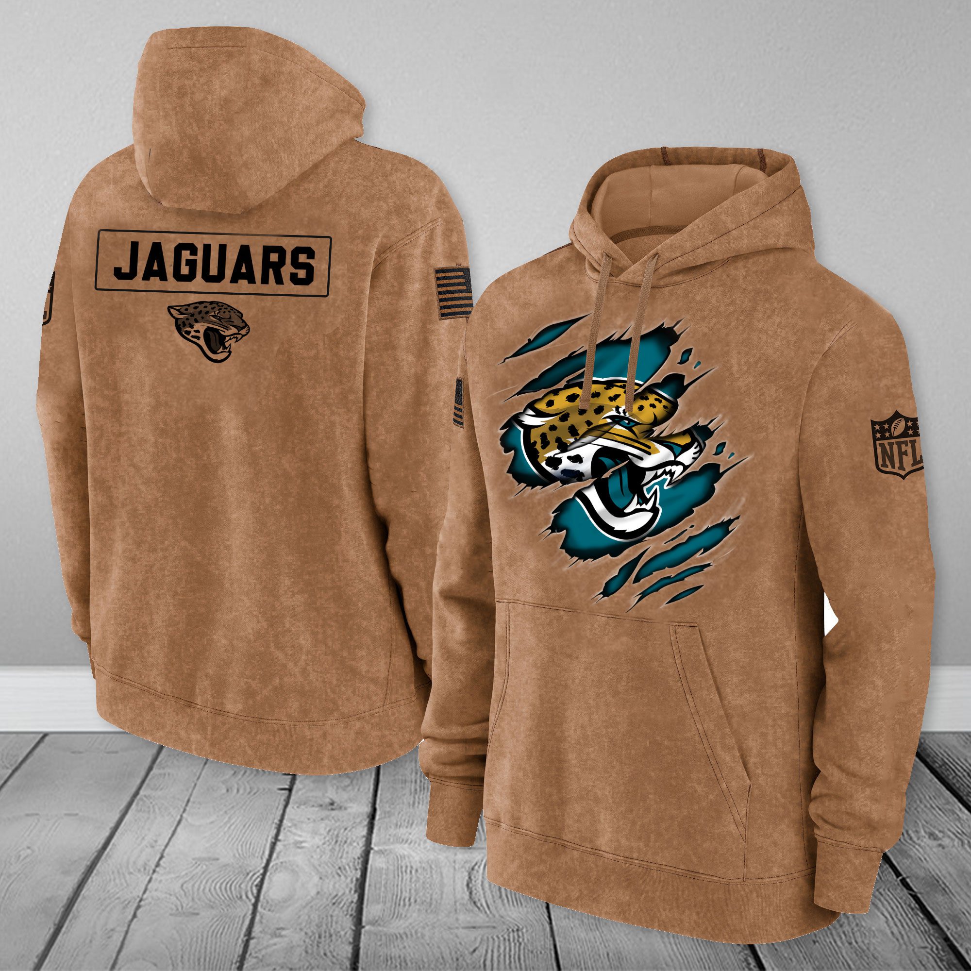 Jacksonville Jaguars NFL Brown Distressed Logo Salute To Service 2023 3D Hoodie PH1047