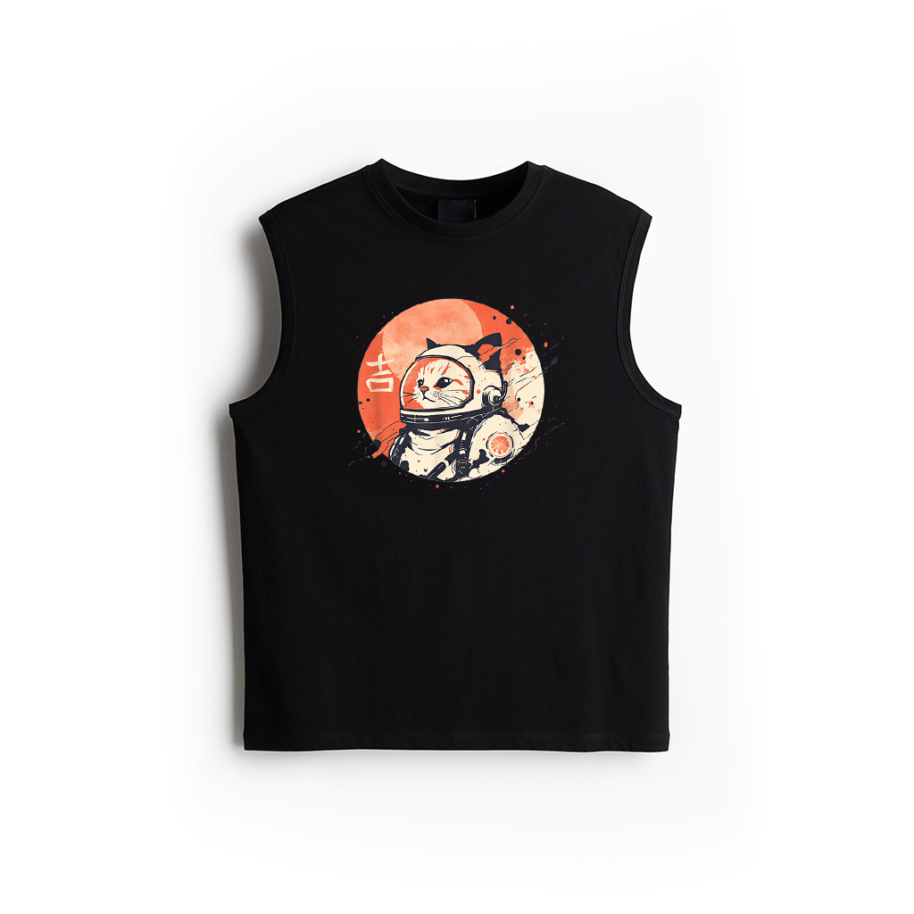 Japanese Minimalist 1950S Retro Space Cat Good Luck Kanji Tank Top