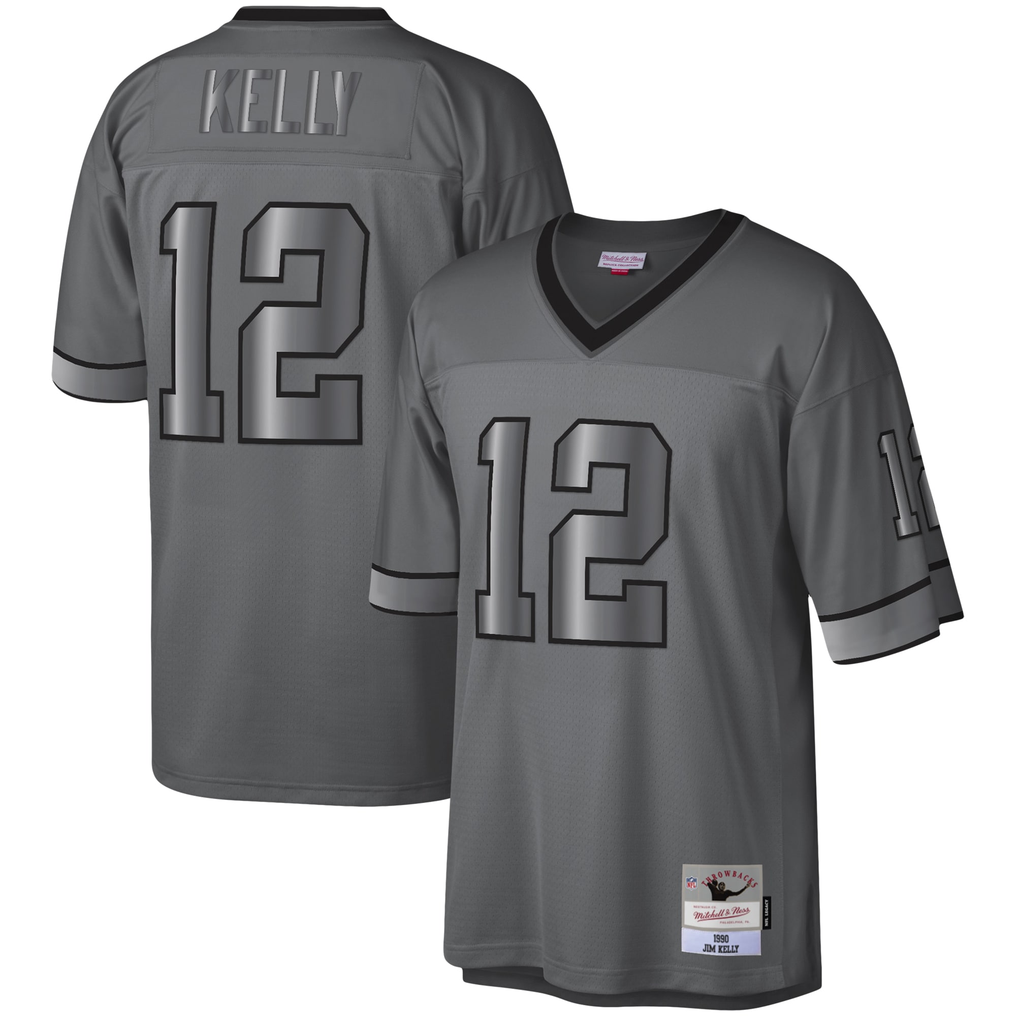 Jim Kelly Buffalo Bills Mitchell  Ness 1990 Retired Player Metal Legacy Jersey   Charcoal