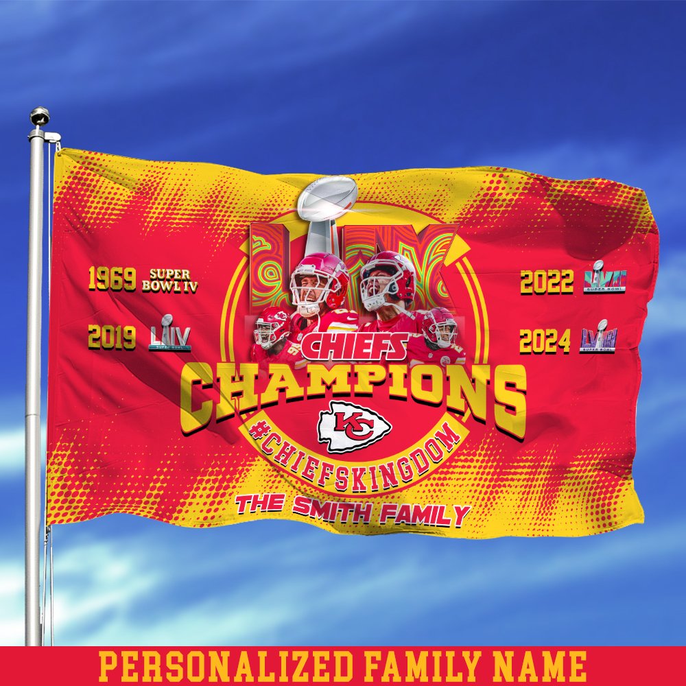 Kansas City Chiefs Champions Super Bowl 2025 3X5ft And 4X6ft Flag Personalized Your Family Name, Sport Flag For Fan , Sport Home Decorations 