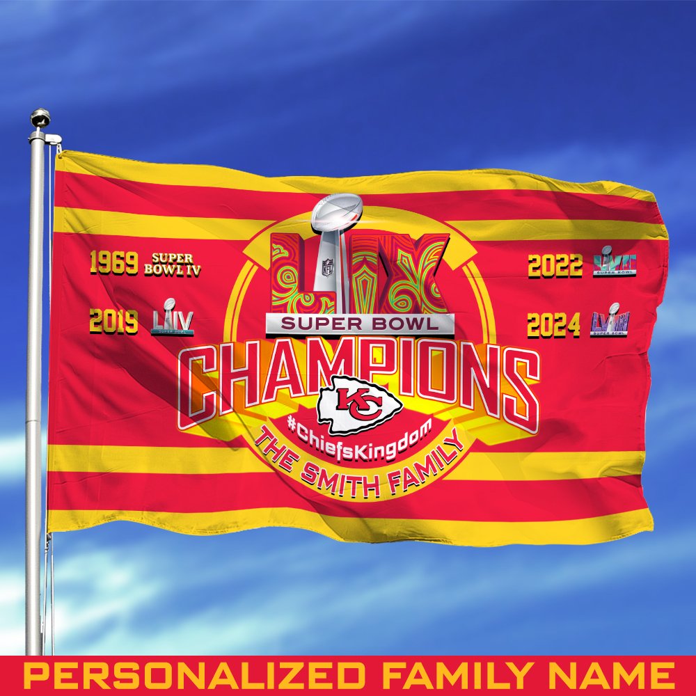 Kansas City Chiefs Champions Super Bowl 2025 Flag 3X5ft And 4X6ft Personalized Your Family Name, Sport Flags, Gift For Sport Lovers 
