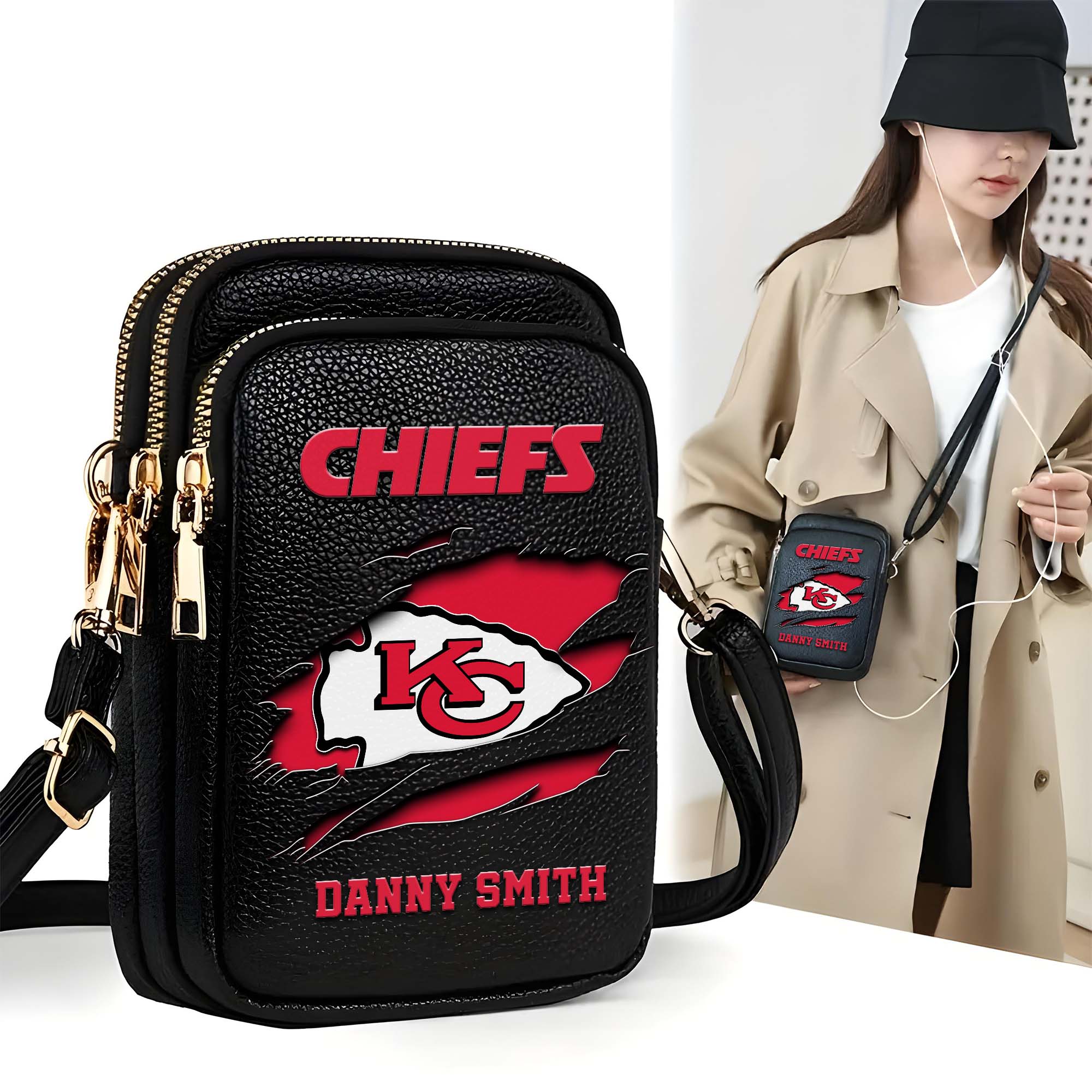 Kansas City Chiefs Customized Womens Mobile Phone Bag With Your Name, Leather Crossbody Bag, Fan Gifts