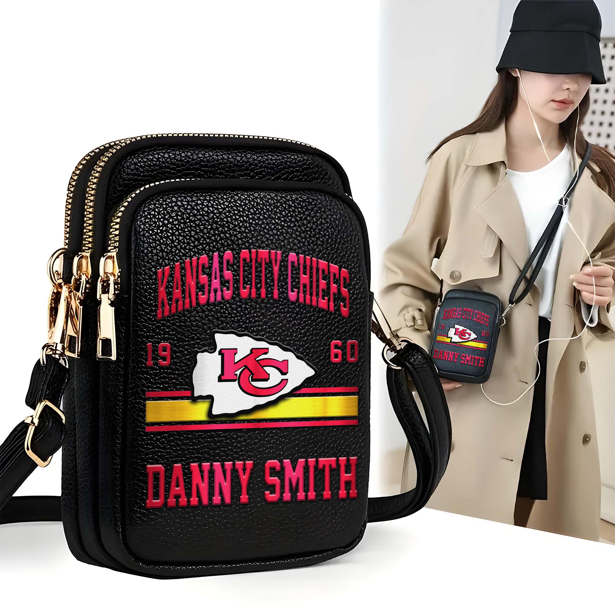 Kansas City Chiefs Customized Womens Mobile Phone Bag With Your Name, Leather Crossbody Bag, Fan Gifts