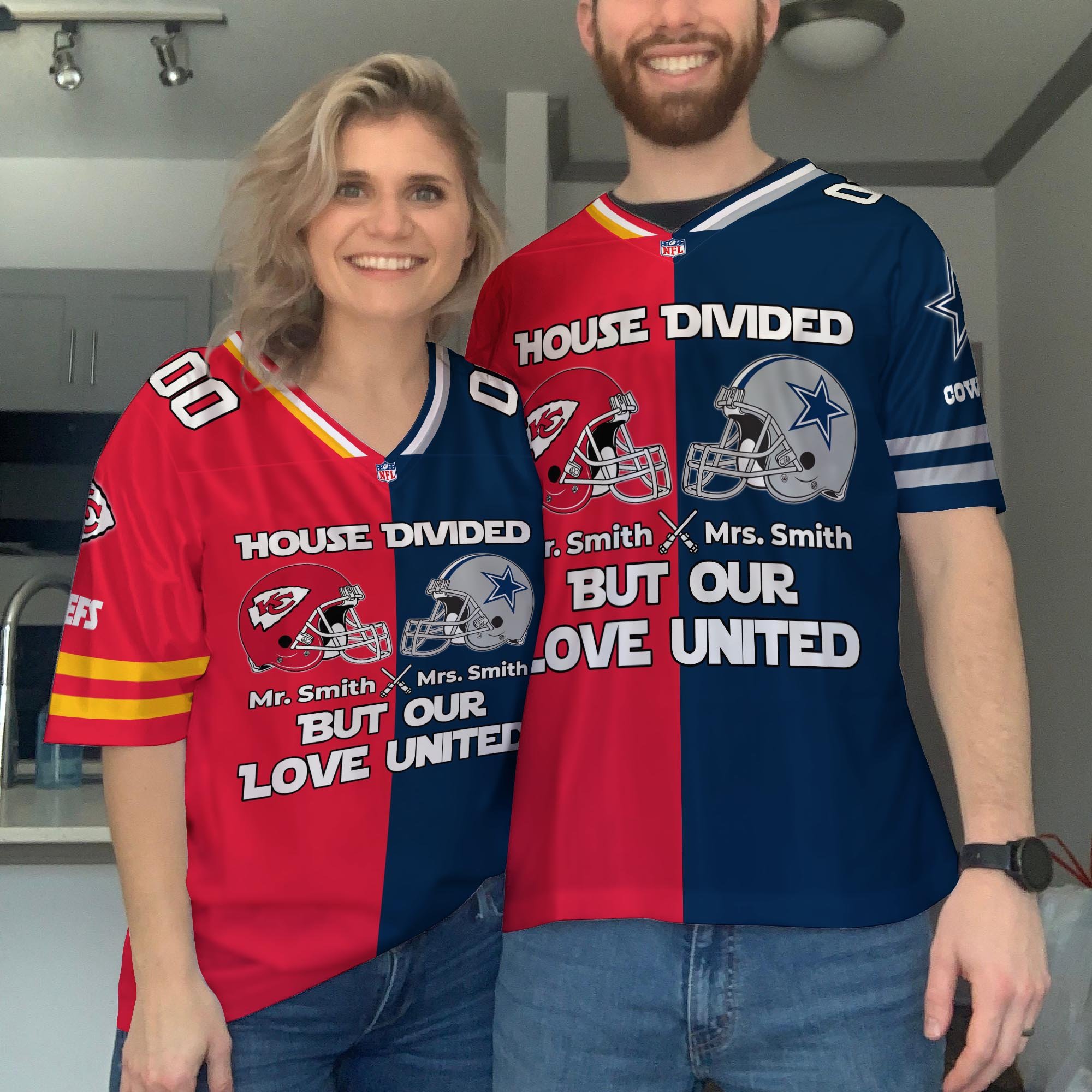 Kansas City Chiefs Football Jersey Custom Husband, Wife Name And Number, House Divided Jersey For Fan