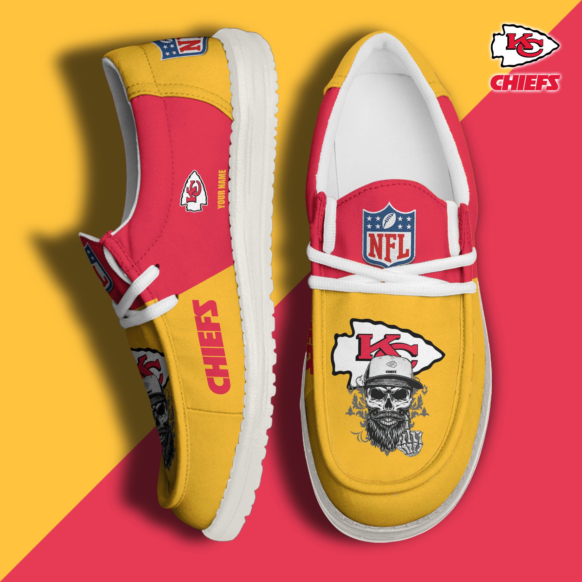 Kansas City Chiefs H D White Canvas Loafer Shoes Custom Your Name, Sport Canvas Loafer Shoes