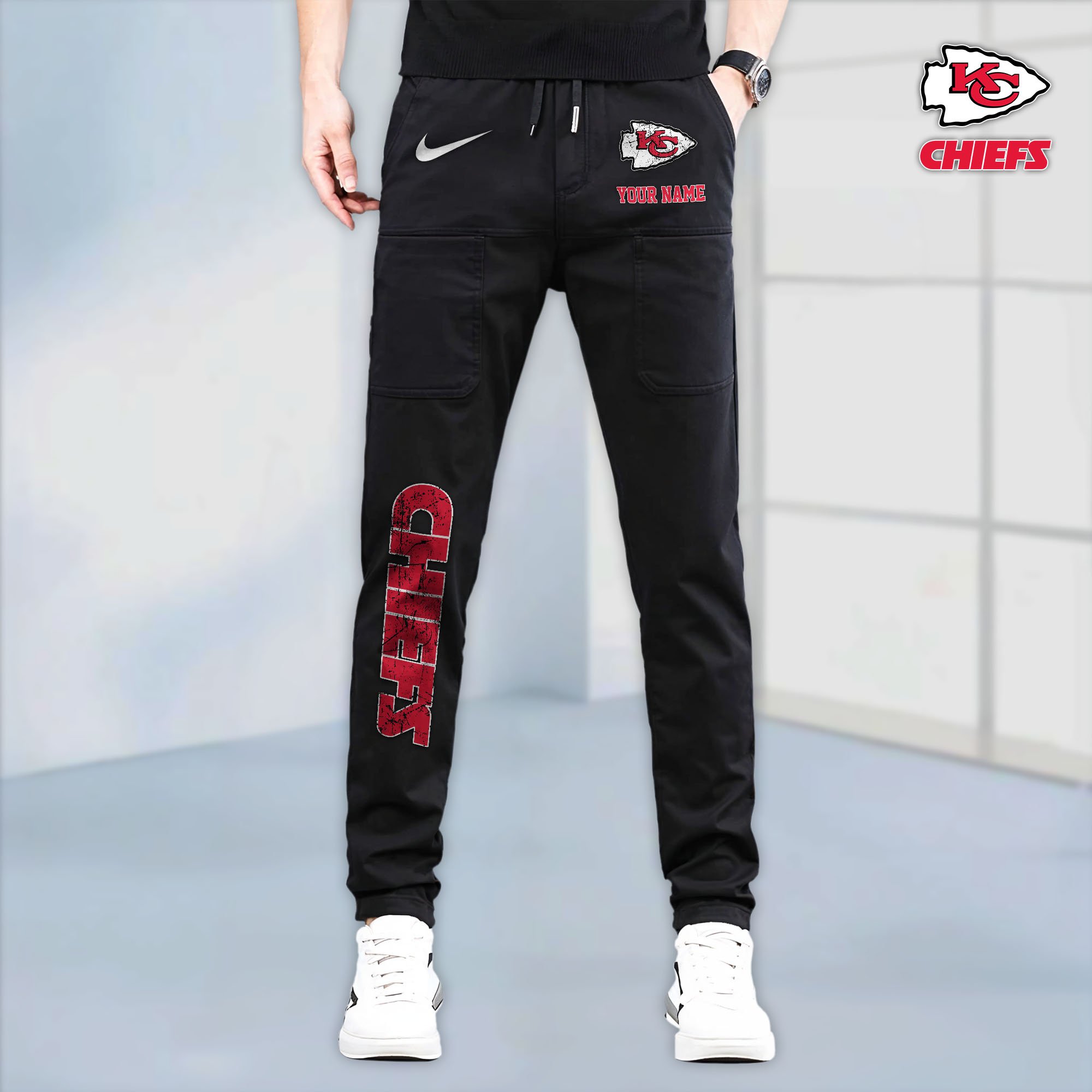 Kansas City Chiefs High Stretch Multi Pocket Durable Cargo Pants - Long Custom Name 