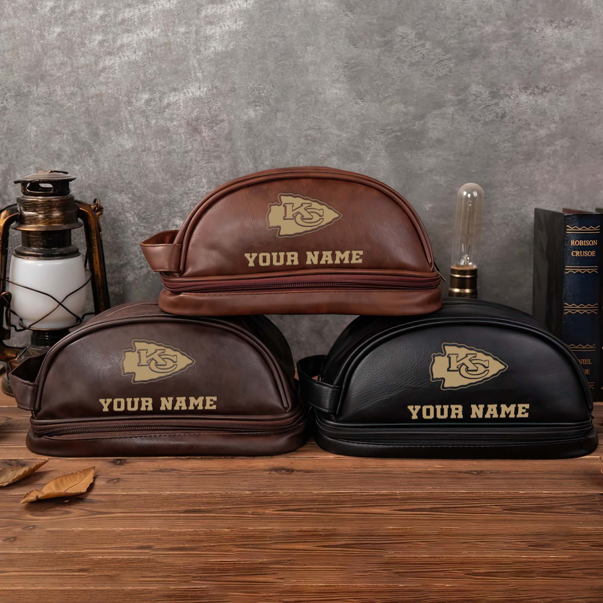 Kansas City Chiefs Mens Leather Toiletry Bag, Engraved Leather Dopp Kit Bag, Football Fan Gifts